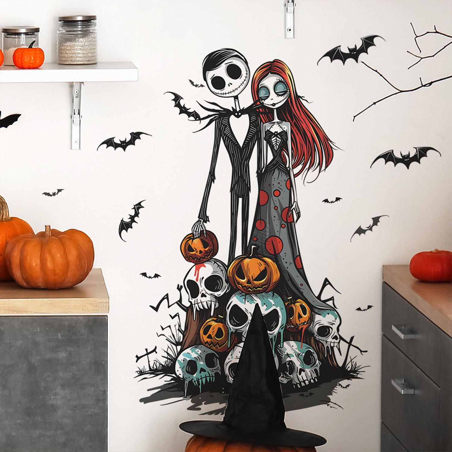 Nightmare Before Christmas Wall Stickers - Halloween Decoration Decals With Bats, Pumpkins & Skulls