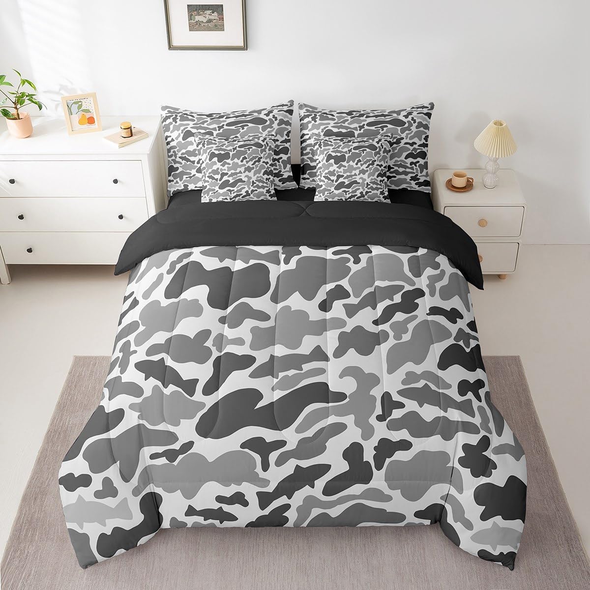 Camo Fish Hunter 7 Piece Bedding Set, Queen Size Bass Pike Fish Bed in a Bag , Camouflage Bed Set Includes Comforter, Sheet Set, Pillowcases & Pillow Covers Breathable Fish Hunting Room Decor Grey