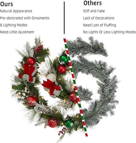 Miniatura 5 de Fashionwu Guirnalda de Navidad de 9 pies con luces, vid artificial de Navidad con decoración clásica roja y verde, guirnalda de Navidad preiluminada
