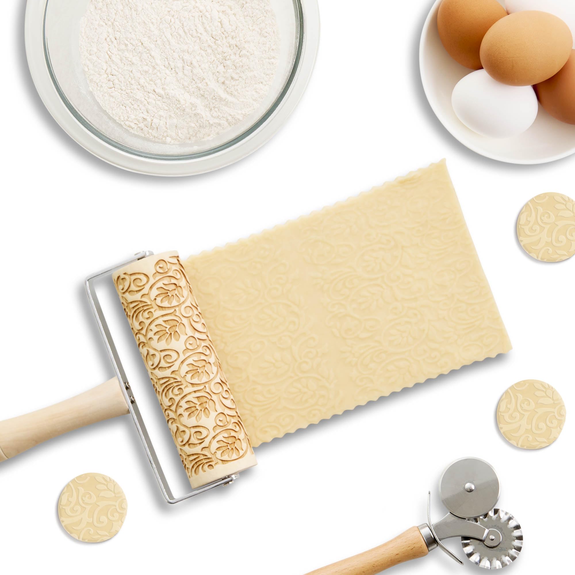 Mrs. Anderson's Baking Mini rodillo para repujar, diseño de pergamino floral, madera de álamo y hierro cromado