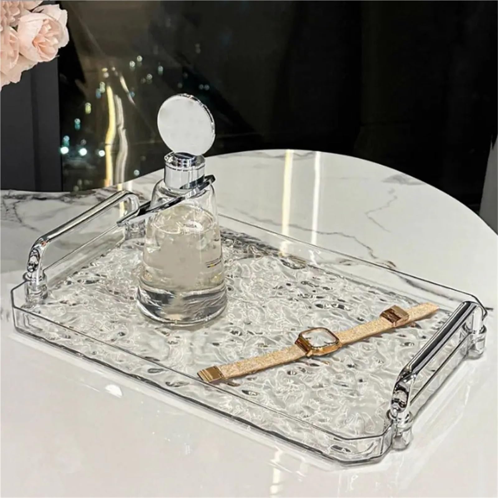 Bandeja Transparente para Servir, Bandeja para Taza de té con asa, Bandeja Decorativa para el té de la Tarde, para Sala de Estar (Gris L)