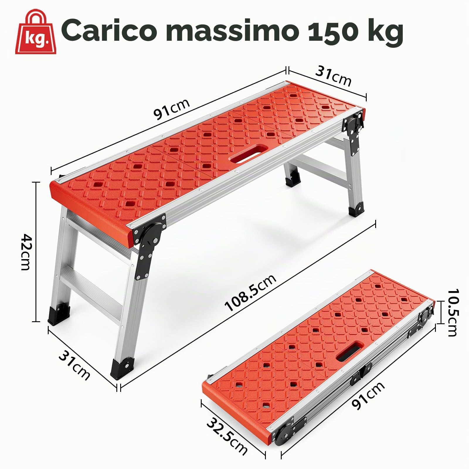 KINGRACK Piattaforma di lavoro pieghevole in alluminio portatile, cavalletti da lavoro antiscivolo con serrature di sicurezza per casa garage, trabattello portata di 150 kg, Argento e rosso