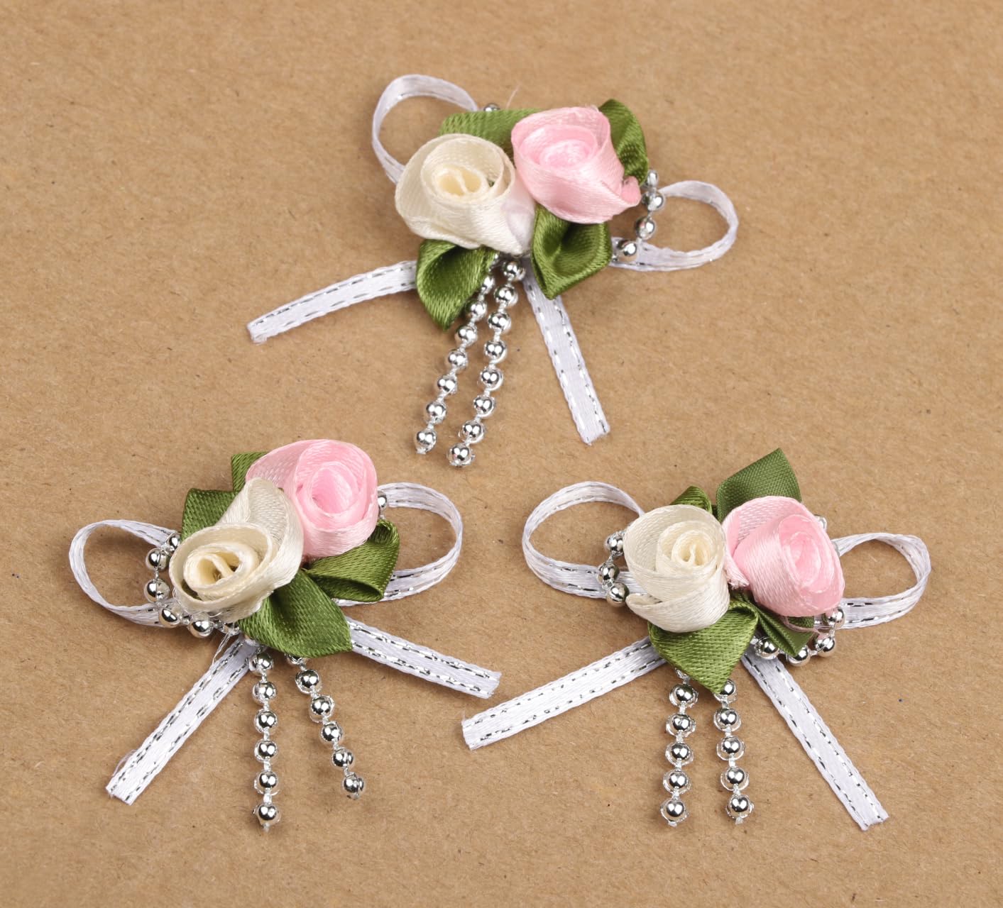 YYCRAFT 50 Stück Satinblumen Mit Perlen - Elfenbein, 2,5 Cm Für Haarschmuck & DIY