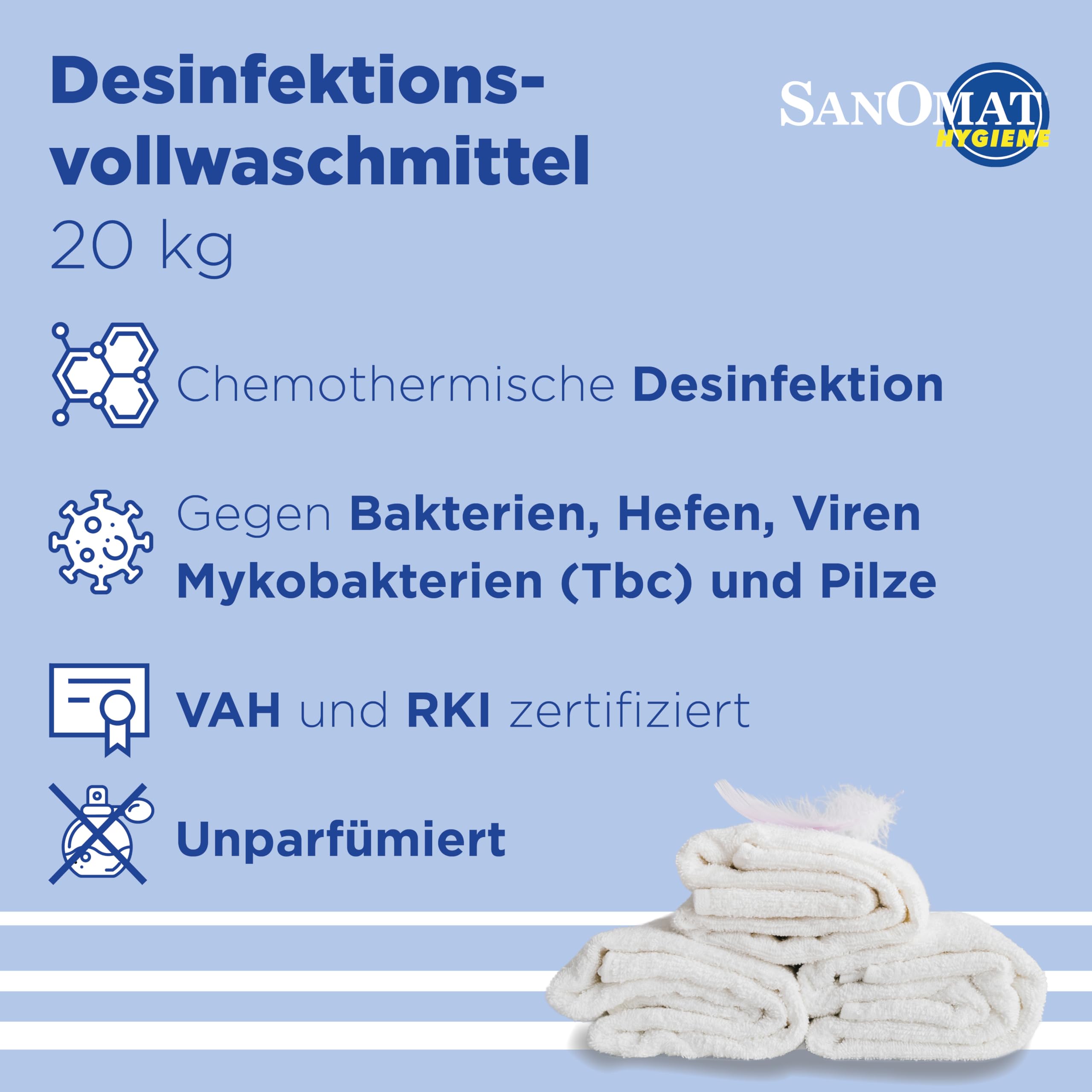 Sanomat Hygiene Desinfektionswaschmittel 20 kg – VAH & RKI-zertifiziertes Vollwaschmittel Pulver – Wäschedesinfektion ab 60°C - phosphatfrei | Vollwaschmittel Pulver, Wäschedesinfektion ab 60°C, phosphatfrei, Hygienespüler für Krankenhaus & Pflegeheim