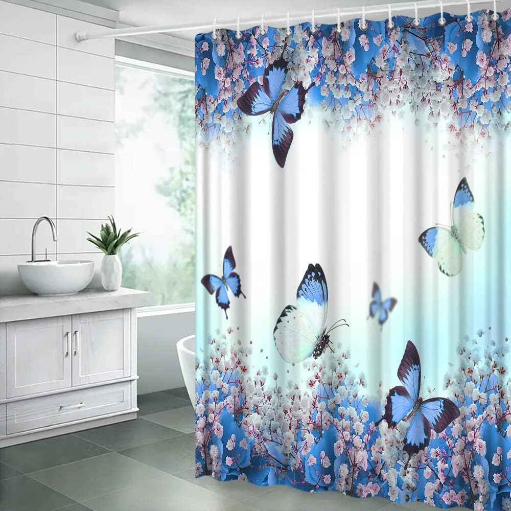 Flower Butterfly Shower Curtain Purple White Floral Butterflies Dream Spa Spring Bloom Beautiful Nature Garden Scenery Fabric Bathroom Decor Curtain with Hooks