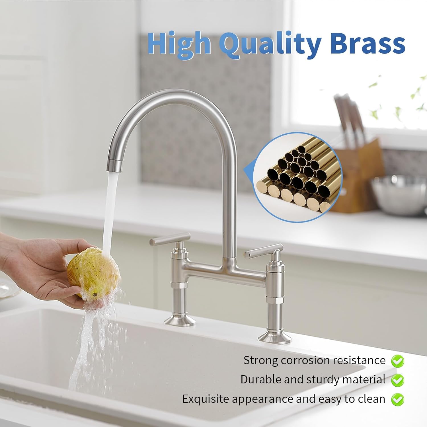 BWE Brushed Nickel Bridge Kitchen Faucet,Two Handle Brass Faucet for Kitchen Sink 2 Holes,8 Inch Centerset Kitchen Sink Faucet with 360° Swivel Spout,High Arc Vintage Tap Deck Mounted
