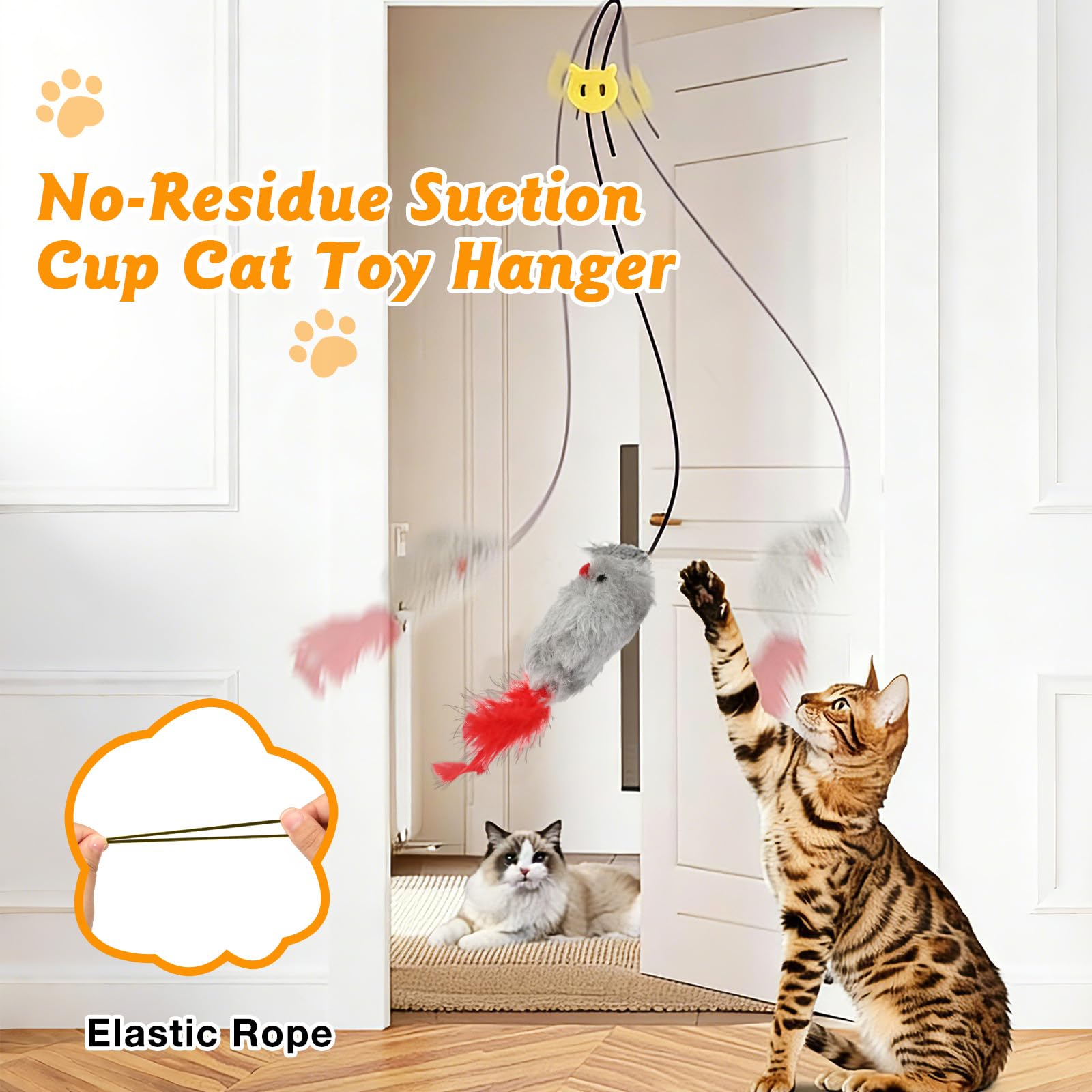 Romon Juguetes para Gatos, Set de 3 con Raton y Pájaro, Juguete Gatito Colgado de Puerta, Juguete Interactivo Gato con Cuerda Elástica Ajustable y Ganchos Adhesivos Transparentes