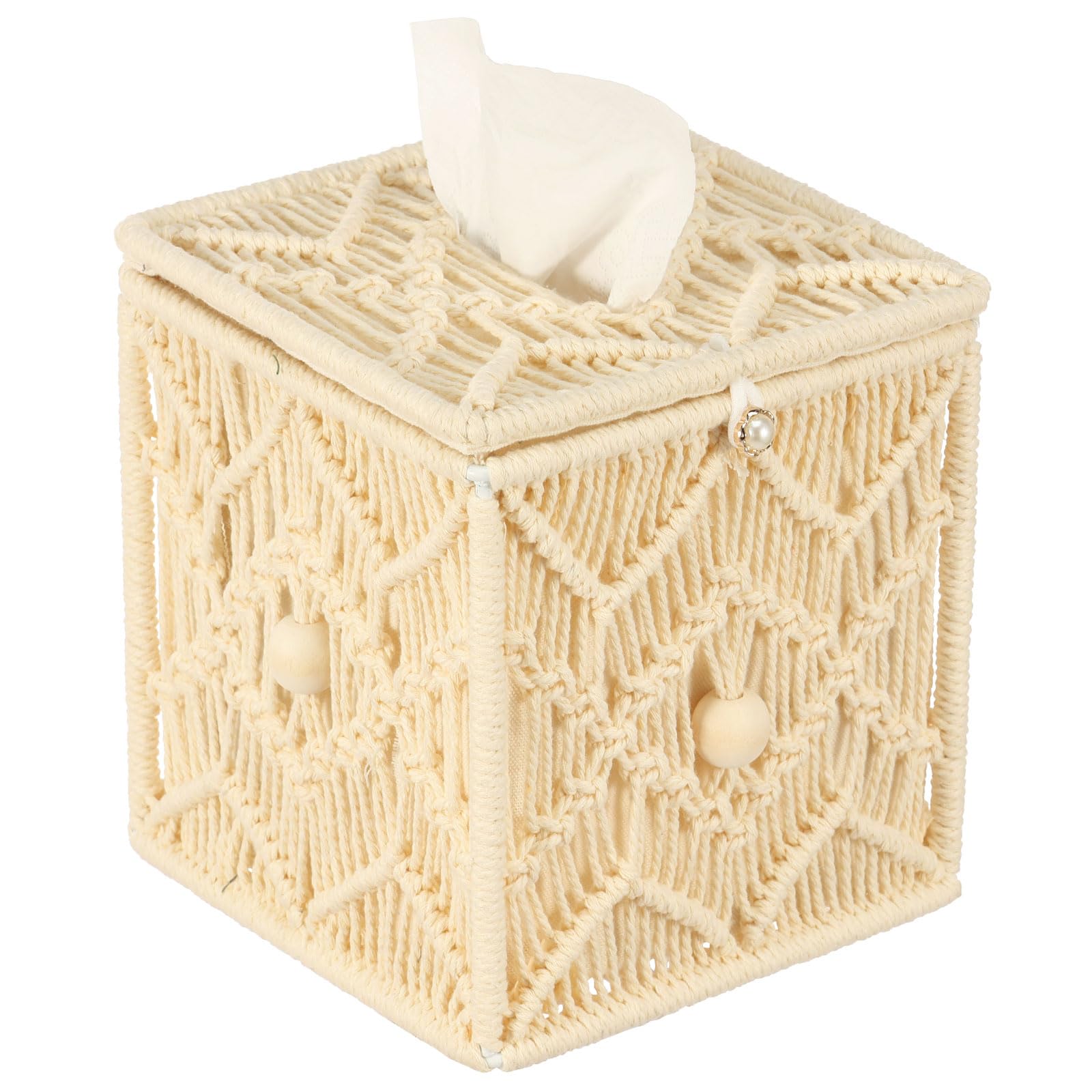 Tissue Box Cover,Woven Square Tissue Box Holder, 15×14×14 cm Bohemian Handmade Woven Tissues Cube Boxes for Bathroom Bedroom Dresser Living Room Office Dorm(Beige)