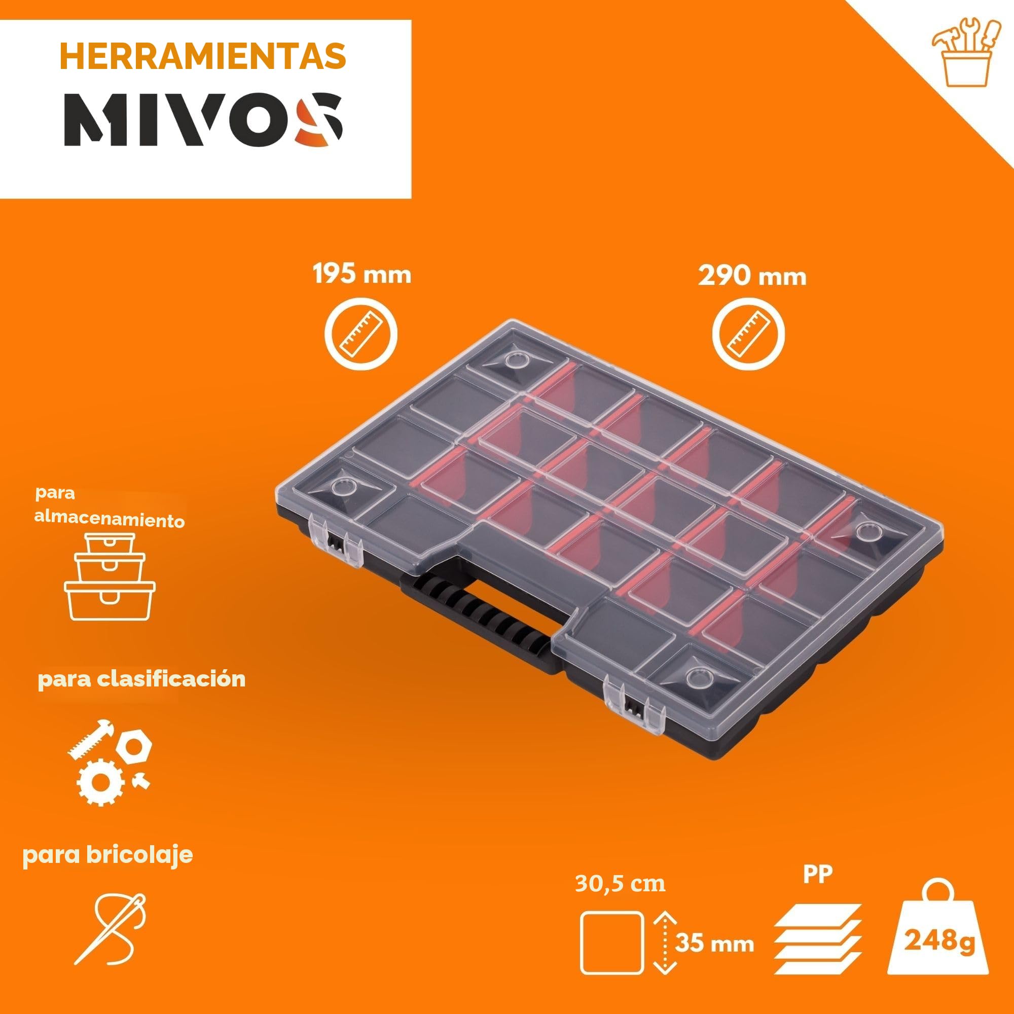 MIVOS Caja organizadora de 12 pulgadas para accesorios y piezas pequeñas - Caja de tornillos, surtida con 21 compartimentos para almacenamiento -290 x 195 x 35 mm