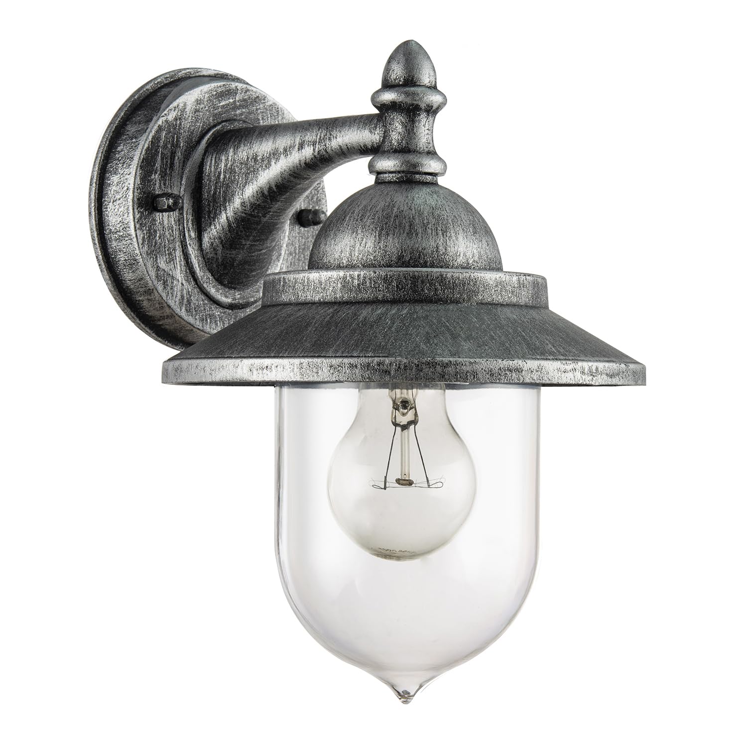 Happy Homewares Classic Style Outdoor Metal Wall Lamp Lantern Fitting in Brushed Black Silver with Clear Polycarbonate Shade | 1 x 11w | 27cm x 18cm x 22cm