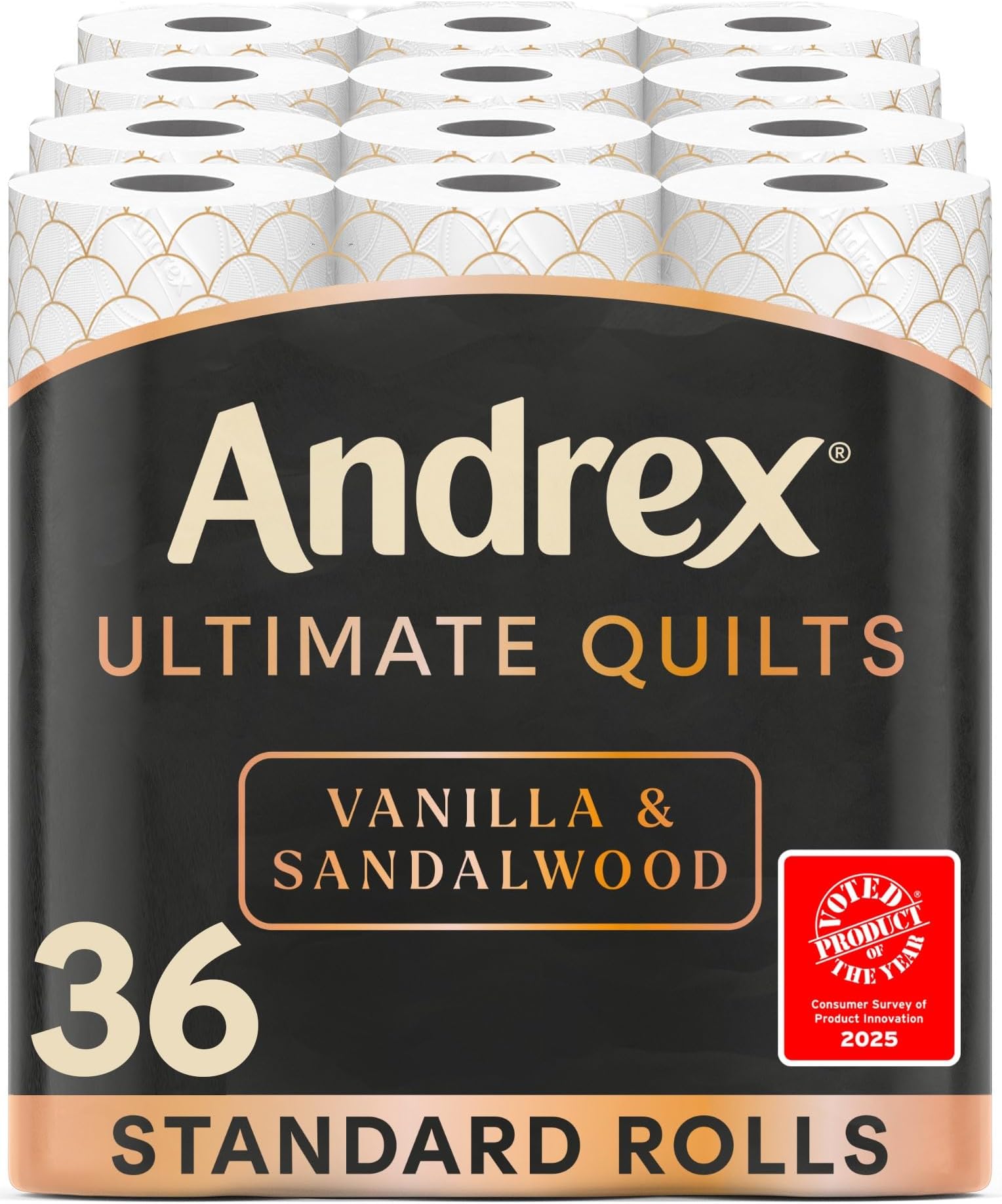 Andrex Ultimate Quilts Toilet Tissue 36 Rolls with Vanilla and Sandalwood Fragrance, Air Pocket Technology for Soft, Thick Sheets - Bulk Pack of 36 Quilted Toilet Rolls, FSC Certified