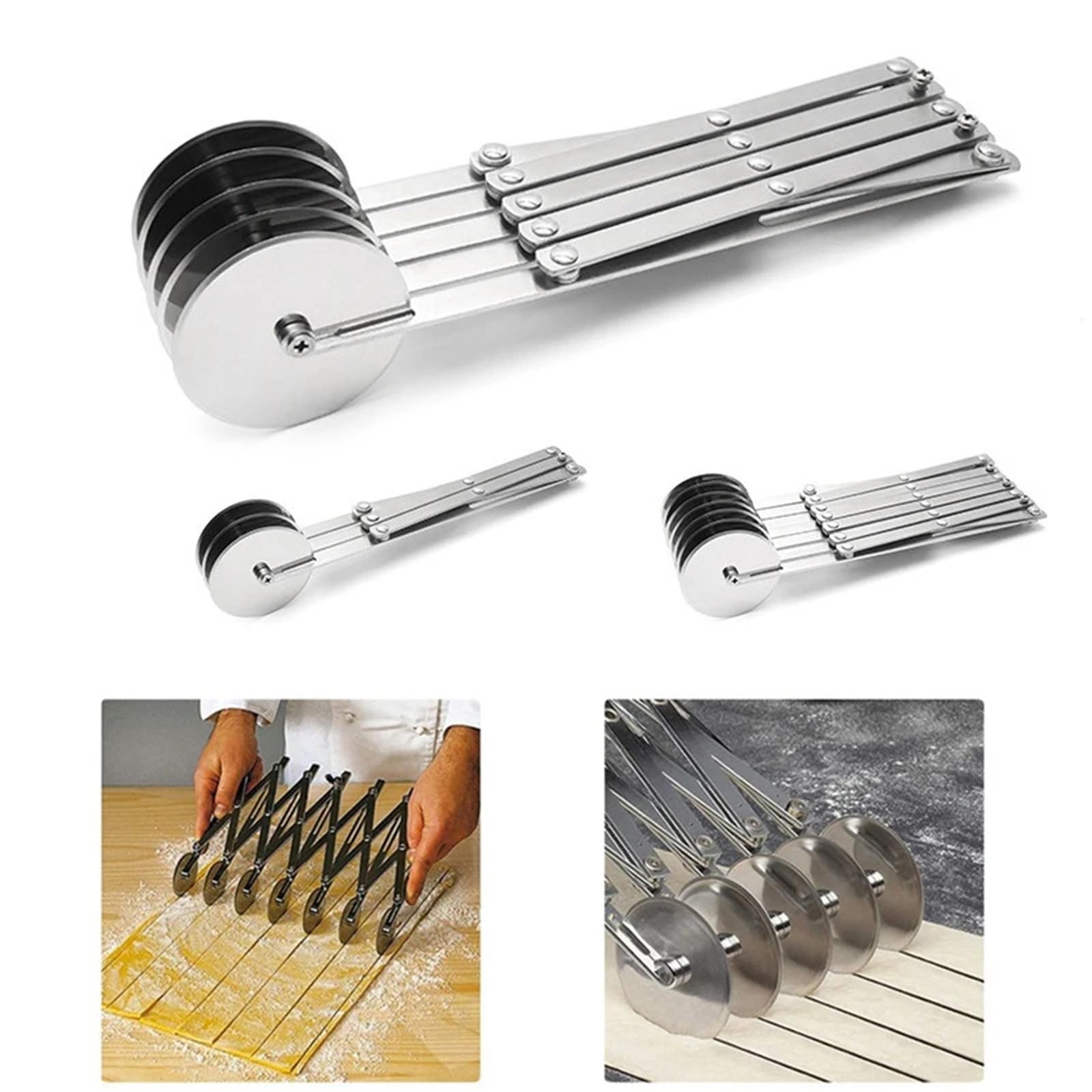 Cortador de masa de acero inoxidable con ruedas múltiples | Cuchilla flexible for hornear pizzas, fideos y pasteles(5 Rounds)