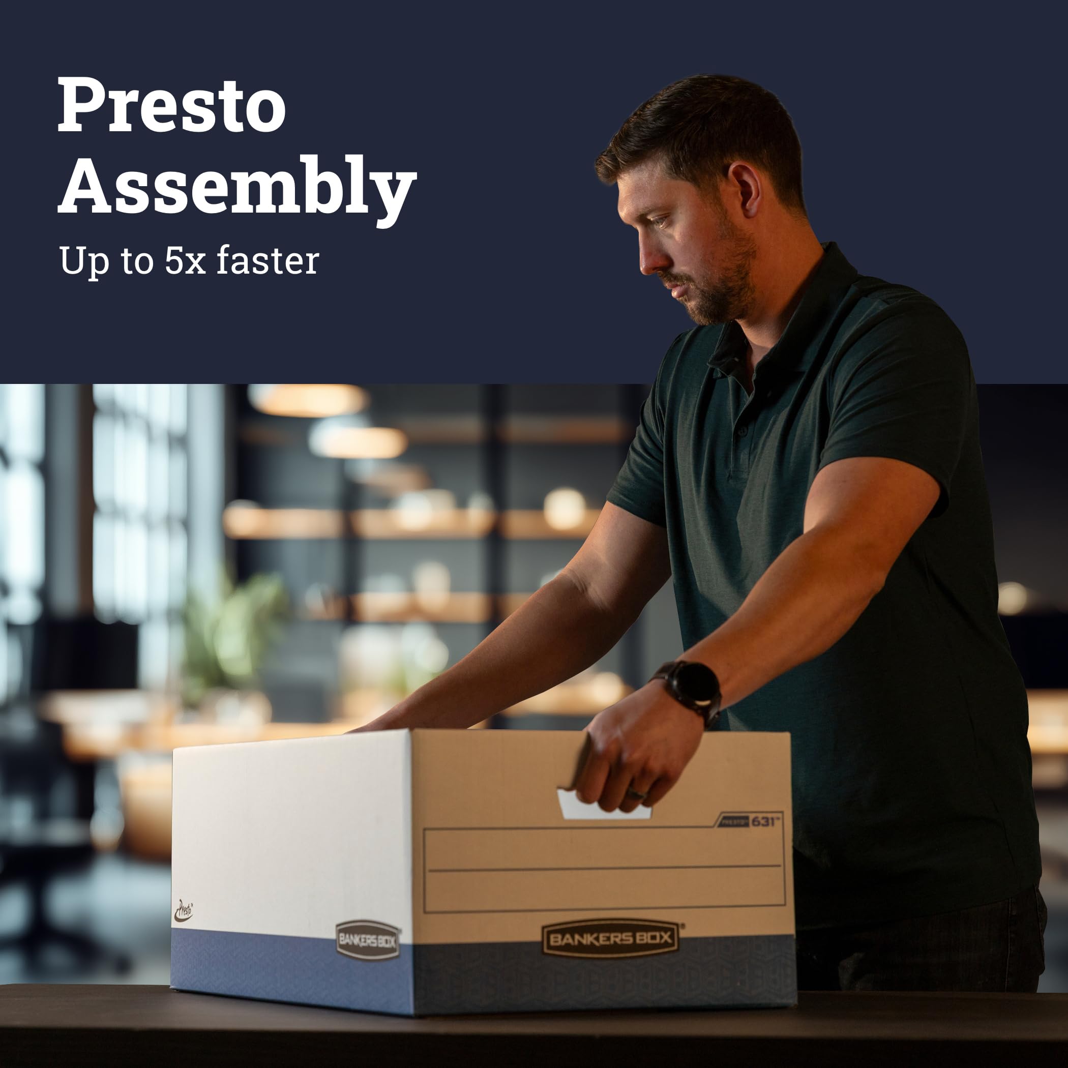 BANKERS BOX Presto - Paquete de 12 cajas de almacenamiento de archivos resistentes, montaje instantáneo, tapa de despegue, carta, blanco/negro