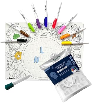 Alphabet Soup Sensory Mat for Kids Reusable Silicone Coloring Mat with 9 Markers and Water Dropper Mess-Free Toddler Activity Pad with Educational Themes Ages 3-7