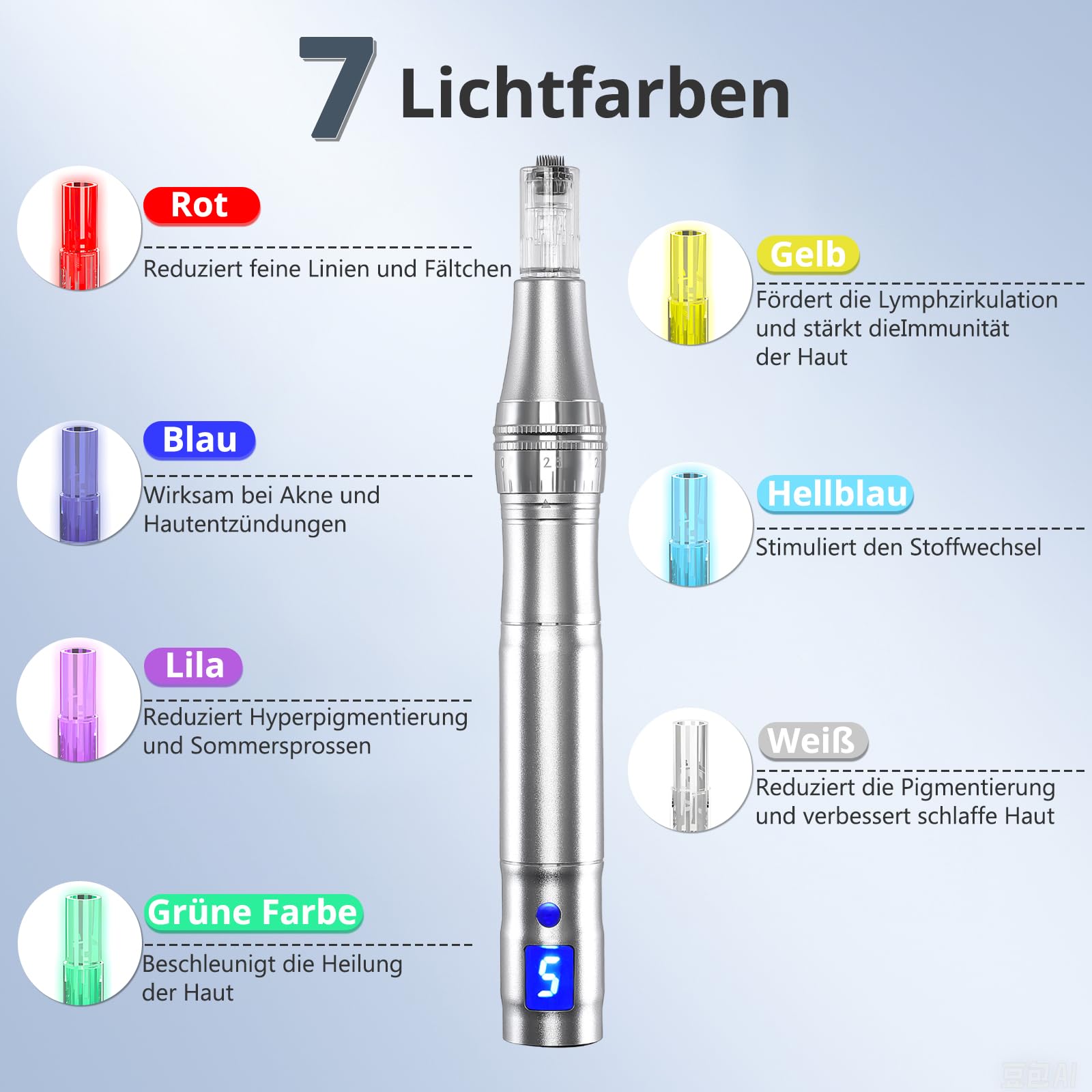 Elektrische Microneedling Pen mit 12 Nadelköpfe Tragbare,Micro Needle Roller Electric mit mit 7 Farben,9 Stufen,Wiederaufladbar Kabellos Mikronadel Stift