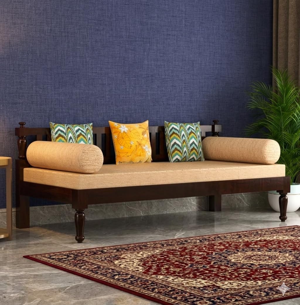 Sheesham Wood 3 Seater Sofa Diwan Bed for Living Room Daybed Wooden Diwan Cot Wooden Divan Sofa Bed Divan Bed with Premium Mattress - 3 Seater Sofa for Living Room Home (Walnut)-image-18