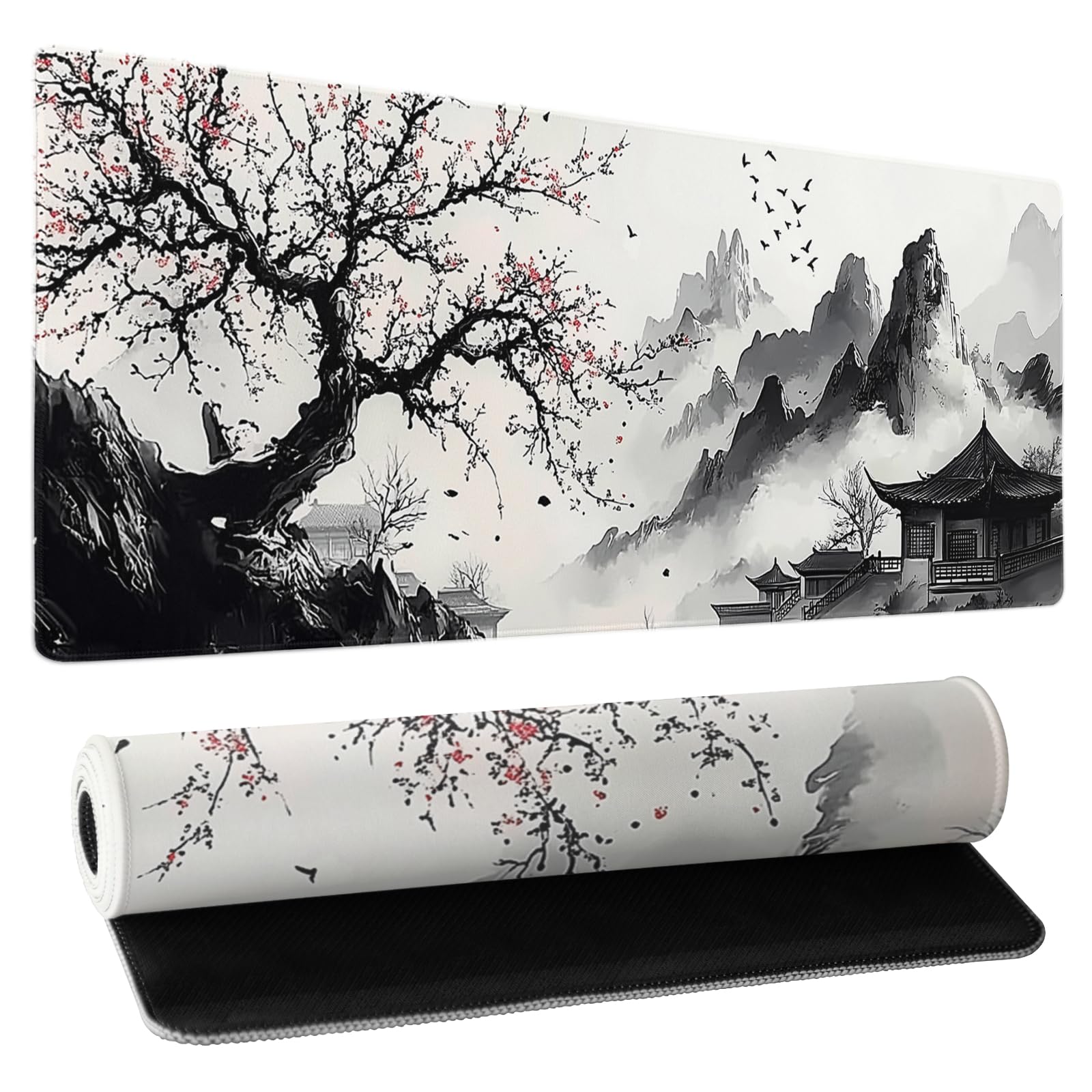 Japanese Anime Art Landscape Large Mouse Pad Large Extended Mouse Pad 31.5”x11.8” Non-Slip Rubber Base Full Desk Pad Japanese Sakura Gaming Keyboard