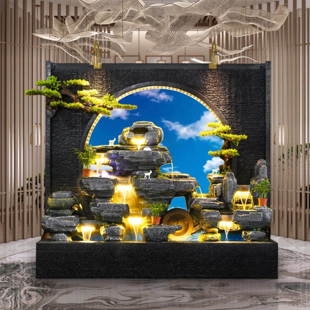 Elegant Multi-Flow Cement Water Fountain with Decorative Plants, LED Lights, and Traditional Aesthetic - Ideal for Indoor and Outdoor Spaces, 77 inch Long, 71 inch Tall