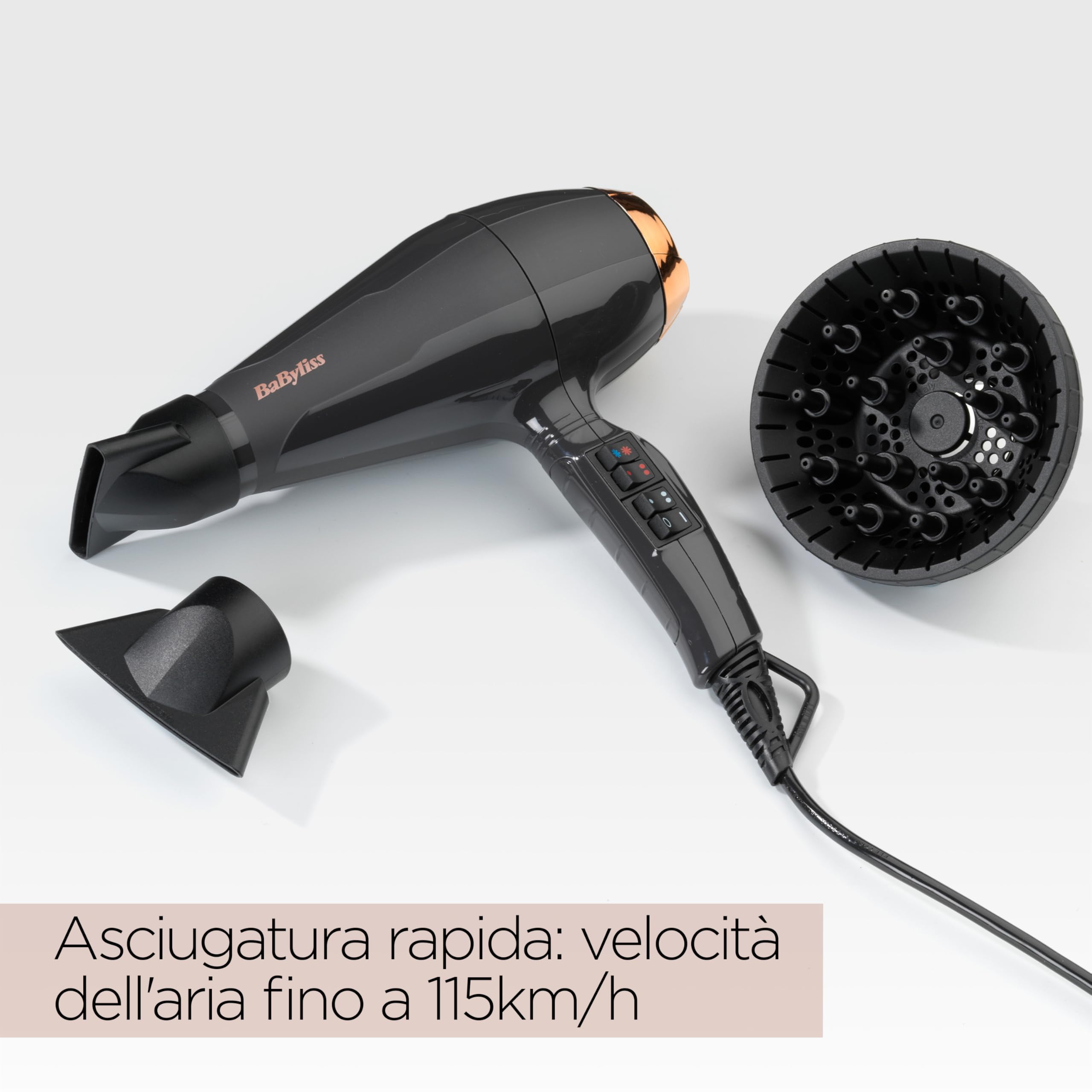 BaByliss Asciugacapelli MADE IN ITALY Air Pro, Motore AC Phon Capelli Professionale, 2200W, Diffusore Capelli Ricci, funzione anti-crespo, 2 velocità - 2 impostazioni di calore, nero, 6719DE