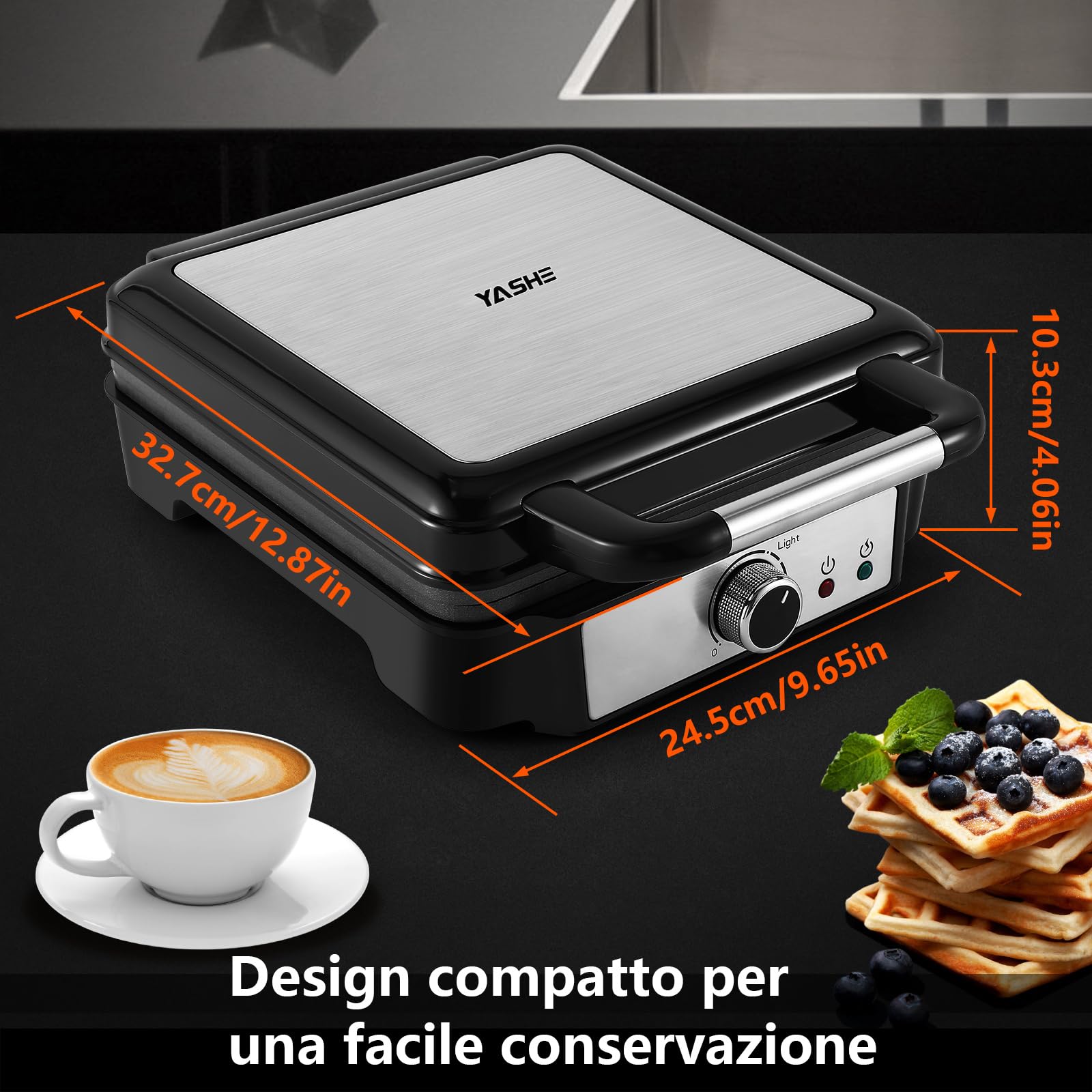 YASHE Piastra per Waffle, Macchina per Waffle Quadrata 4 Fette, 5 Manopole di Doratura, Luci Indicatori, Antisversamento, Rivestimento Antiaderente, 1200W, Argento/Nero