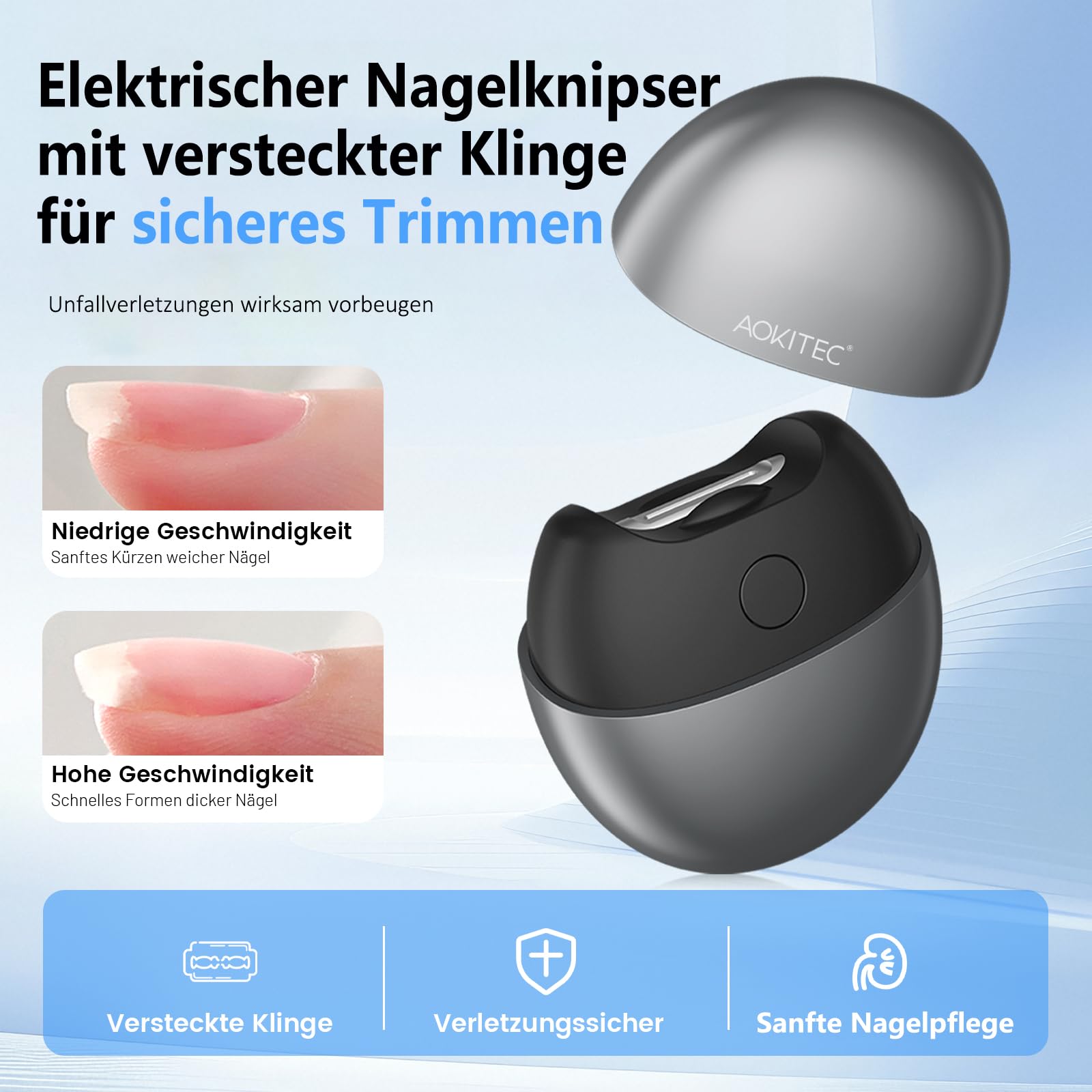 Aokitec Elektrischer Nagelknipser, Elektrischer Nagelschneider, Automatischer Nail Clipper mit LED-Licht, 2-Speed, Schmutzsammelrate >90%, Sicherer Nagelknipser für Senioren & Sehbehinderte