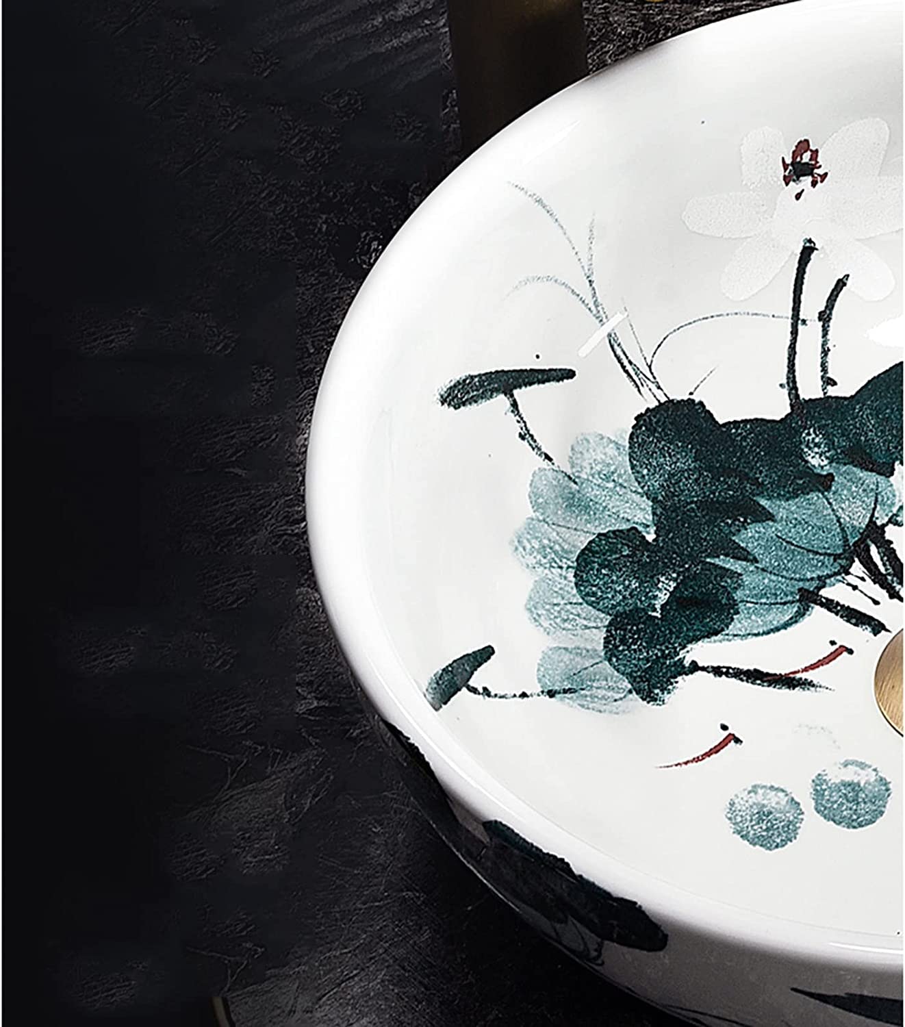 Ceramiczna Umywalka Łazienkowa, Umywalka Ceramiczna, Umywalka Nablatowa, Okrągła, Niebiesko-Biała, Porcelanowa, Artystyczna, Umywalka Nablatowa Z Liściem Lotosu, Lotus Pa