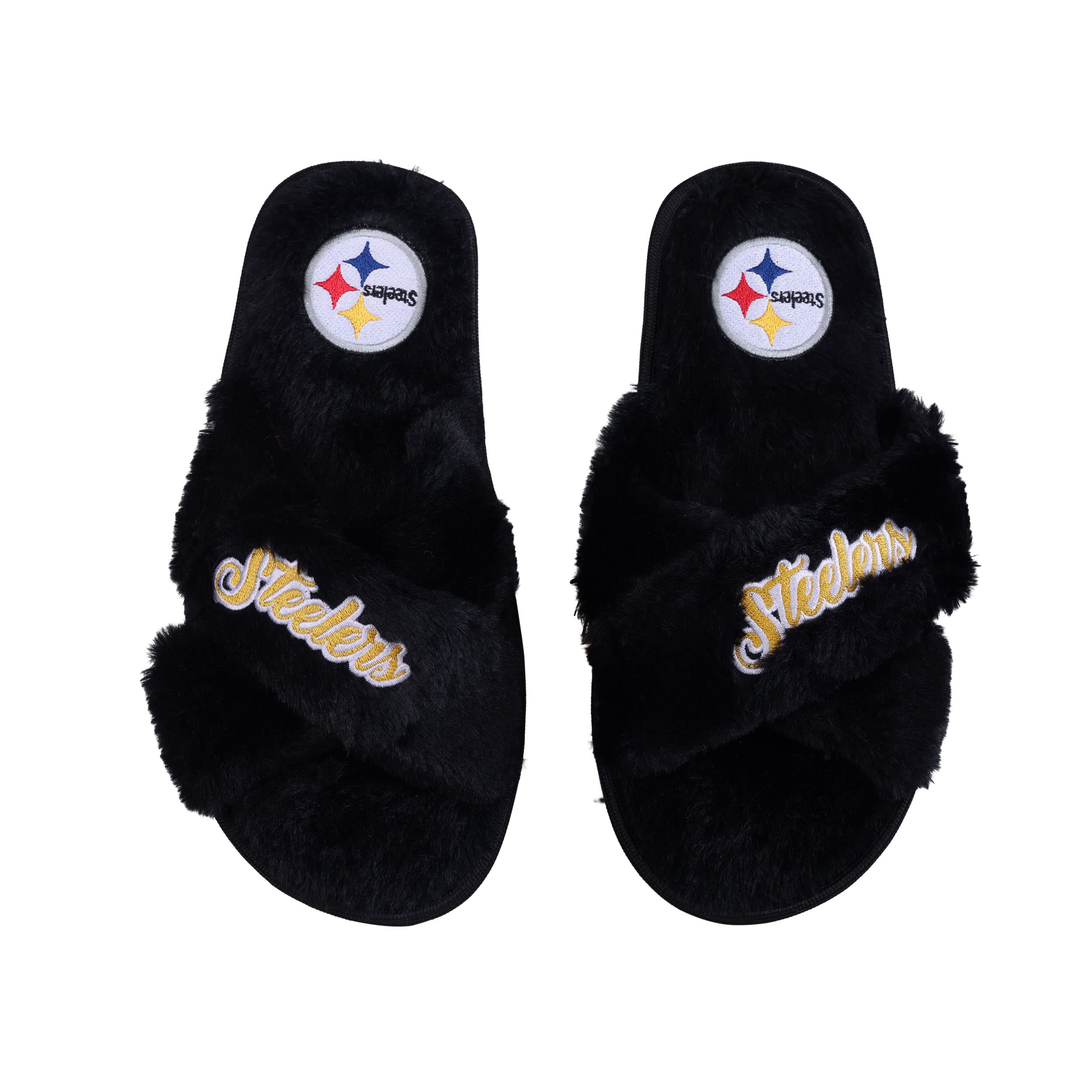 FOCO Womens NFL Team Script Wordmark Fuzzy Cross Slide Slippers