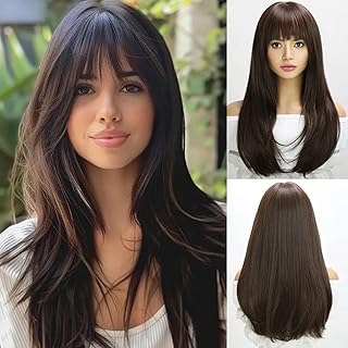 Akashkrishna Human Hair Wig for Women with Bangs | Natural Brown 24 Inch Full Head Wig | Natural Look Real Hair Wig for Ha...