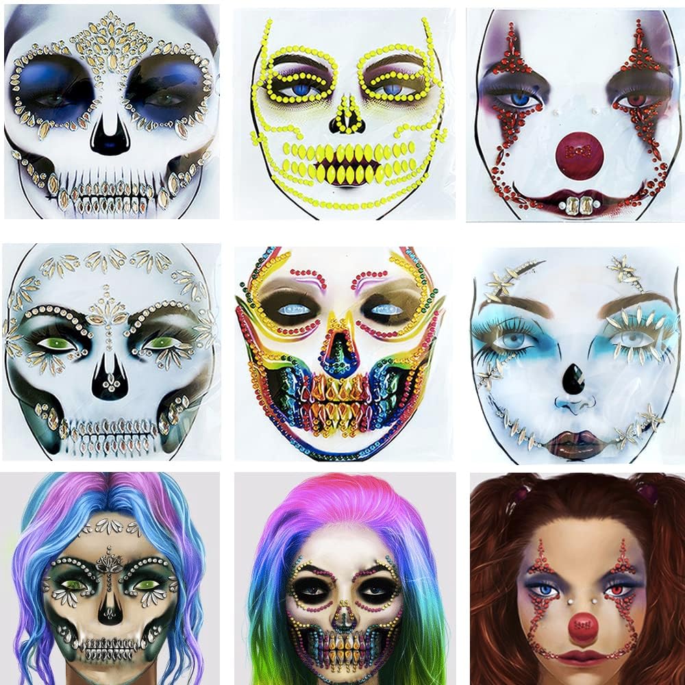 Day of the Death Face Tattoo Sticker Clown Face Jewels Tattoo Face Tattoos for Women,6-Pack