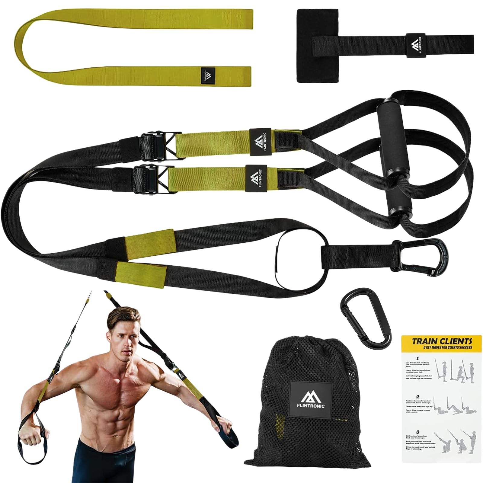 Flintronic Schlingentrainer, Sling Trainer Set für EIN Ganzkörpertraining, Schlingentrainer für Zuhaus, Schwarz Grün