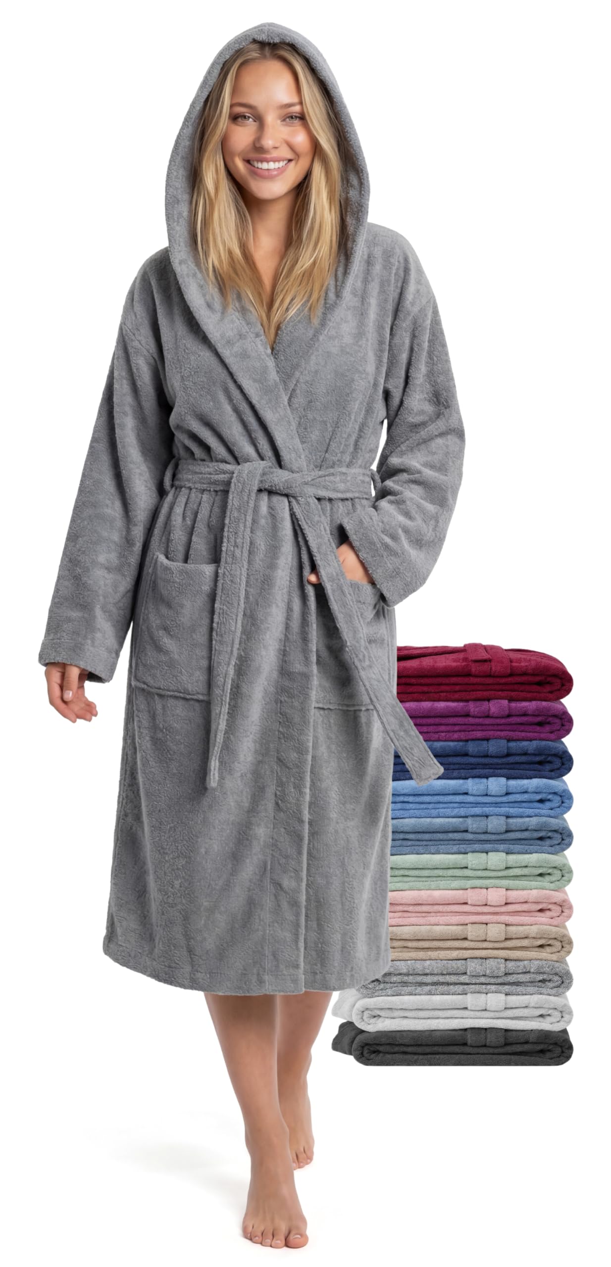 Szlafrok Damski Średniej Długości z Kapturem – 100% Bawełna Frotte 380 g/m² – Szlafrok Kąpielowy, Spa i Domowy, Długość do Łydki, Miękki, Chłonny, Rozmiary S–XXL