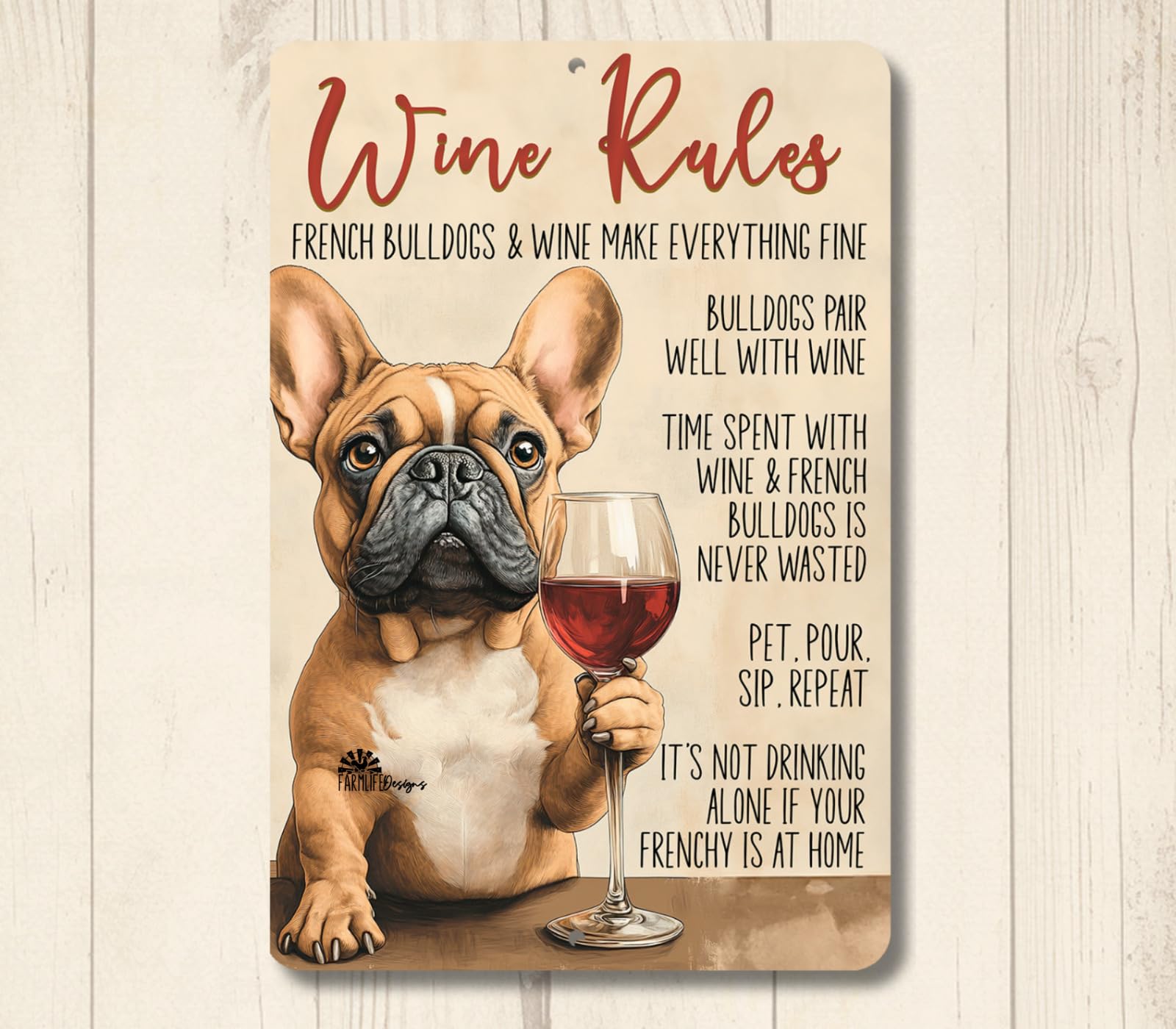 French Bulldog Wine Rules Sign bar metal tin funny frenchy bull dog decor home decor