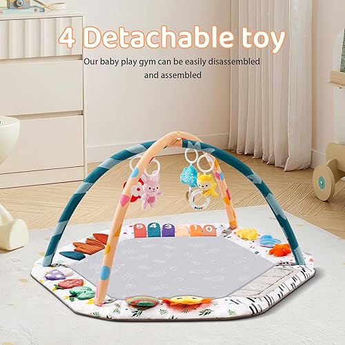 Miniatura 4 de Alfombrilla de gimnasio para juegos para bebés, 6 zonas de desarrollo, alfombrilla de actividad para bebés con 4 juguetes desmontables para