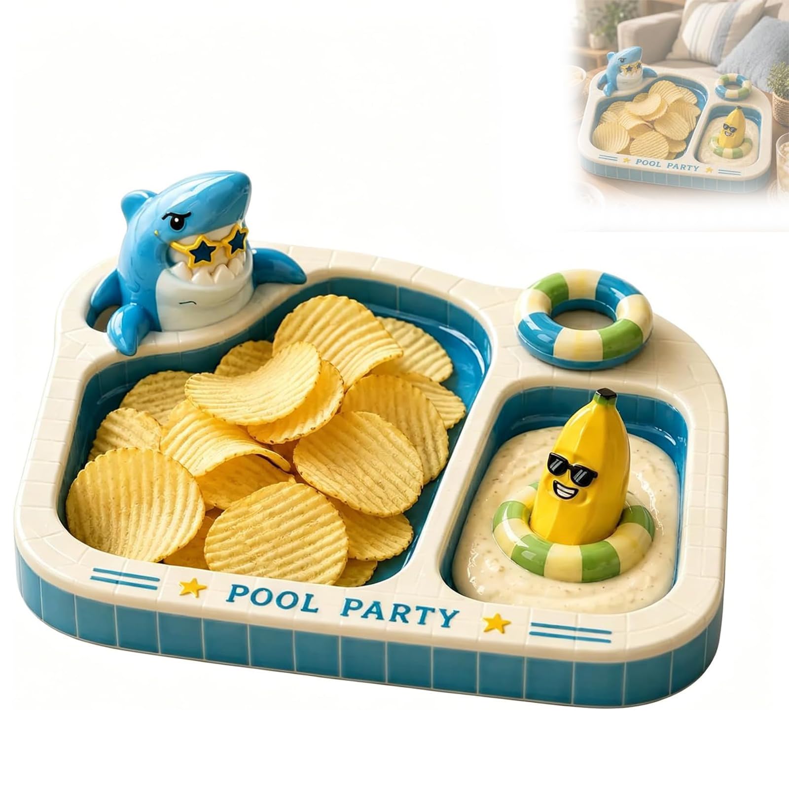 Generico Vassoio per patatine e salse per feste in piscina con squalo e banana, divertente piatto da portata per snack in ceramica con ciotola per salse, per decorazioni per riunioni estive (1pcs)