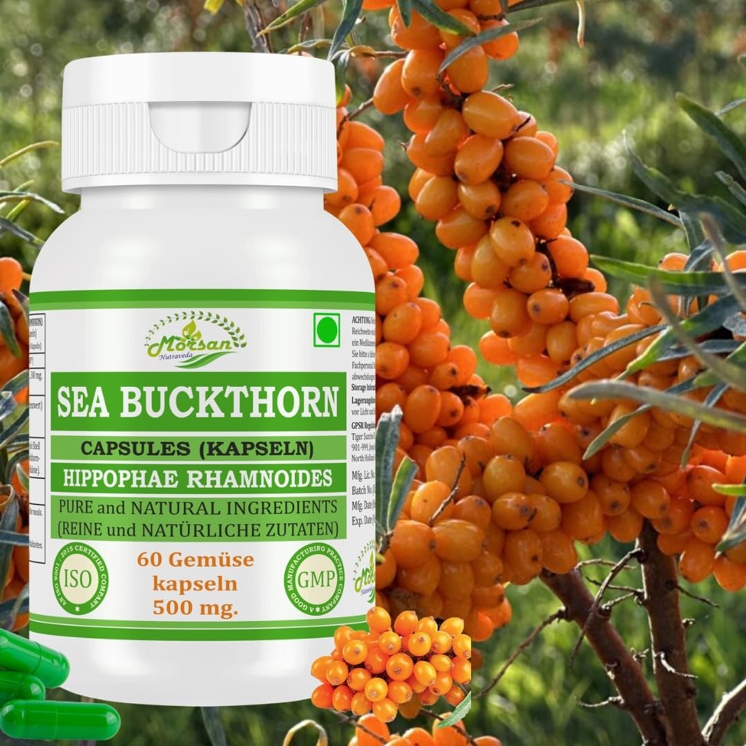Sea Buchthorn-Kapseln 500 mg. 60 Veganer. Einheiten | Sea Buchthorn (Hippophae rhamnoides) Extrakt-Kapseln für Männer und Frauen | Ayurvedische Kräuterergänzung/Heilmittel (2 Flasche mit 60 Kapseln)