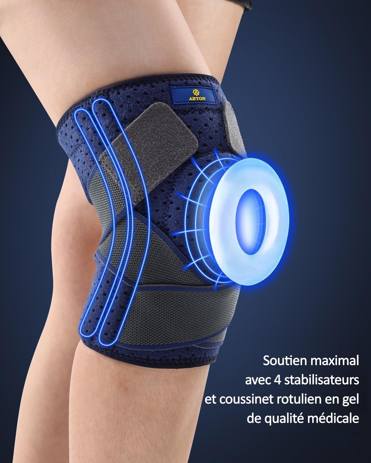 ABYON Genouillère Ligamentaire Genou, Attelle Genou Réglable avec Stabilisateurs Latéraux et Coussinet en Gel Ouvert pour Homme et Femme Ligamentaire, Déchirure du Ménisque, Haltérophilie et Course