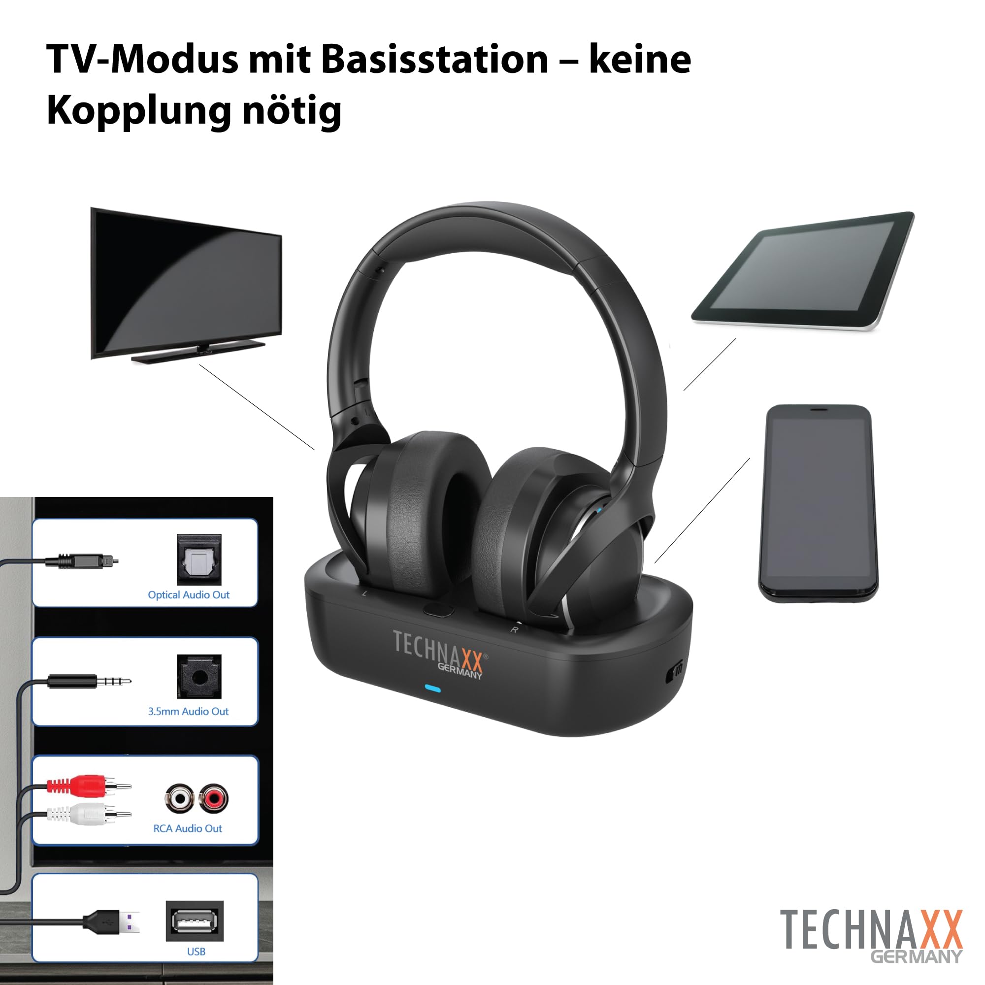 Technaxx TV Kopfhörer kabellos mit Ladestation – Funkkopfhörer für Fernseher mit Bluetooth 5.4, Mikrofon, 30h Akku, USB-C, optischer & AUX-Anschluss, Over-Ear Stereo Headset - TX-350