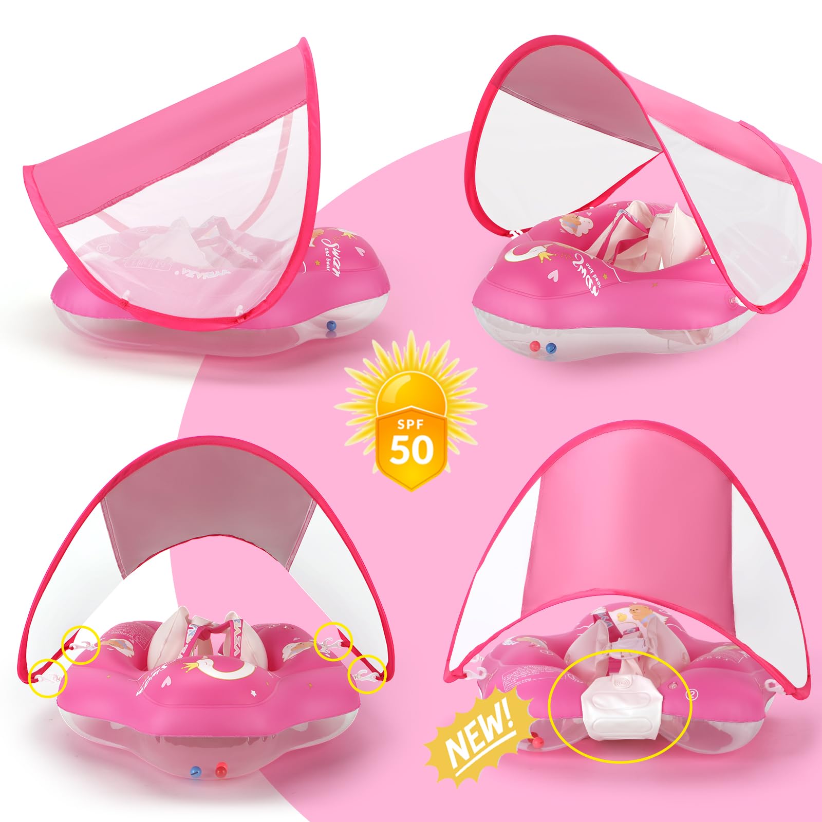 WYRIAZA Salvagente Neonato con Parasole, Salvagente Bambini 1-3 anni, Ciambella Neonato Mare, Baby Pool Float con Sedile, Doppio Airbag