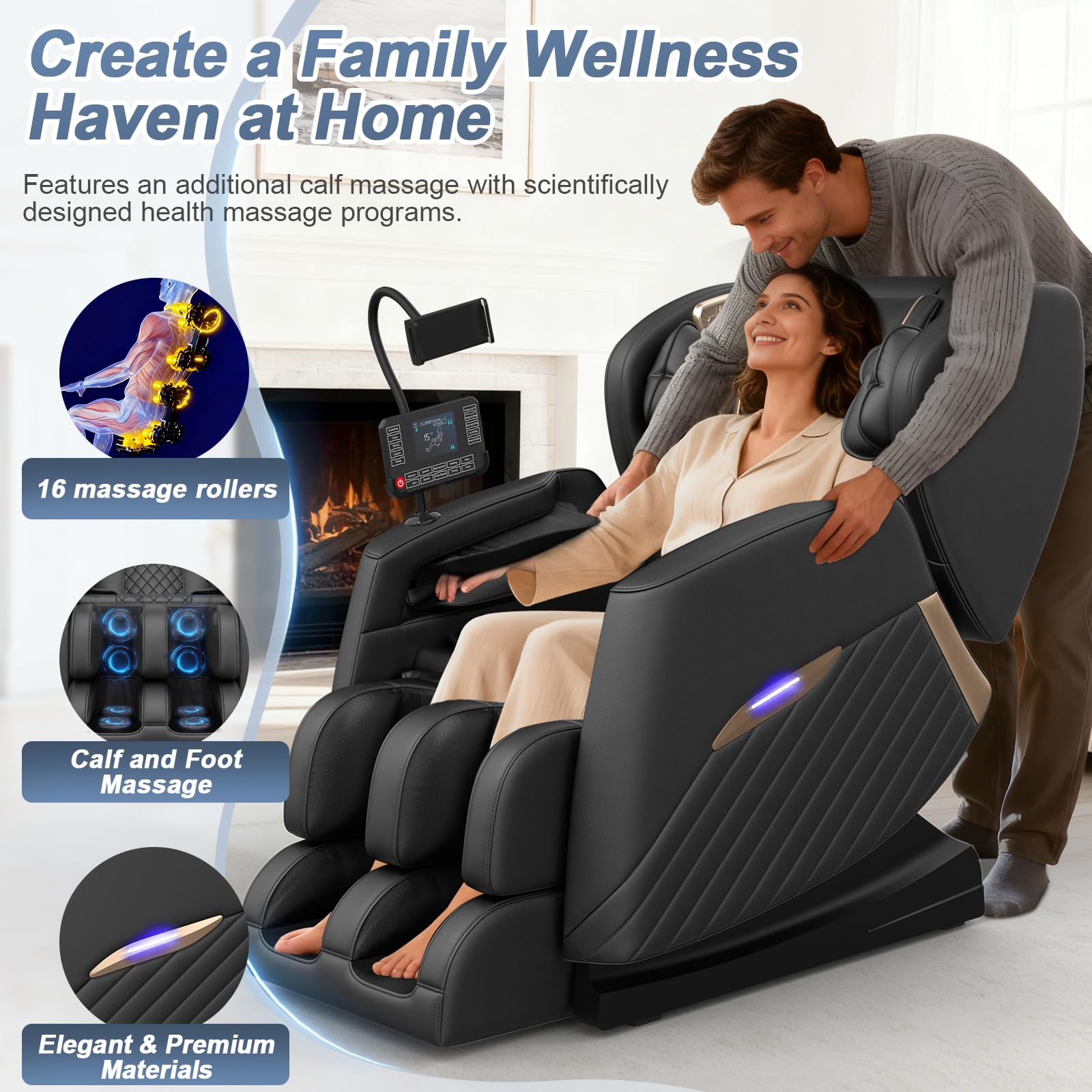 Sillón de Masaje de Cuerpo Completo, Modo Gravedad Cero, con 16 Puntos de Masaje y 8 airbags, calefacción Lumbar, Rodillo para pantorrillas y Masaje con airbags, Altavoz Bluetooth