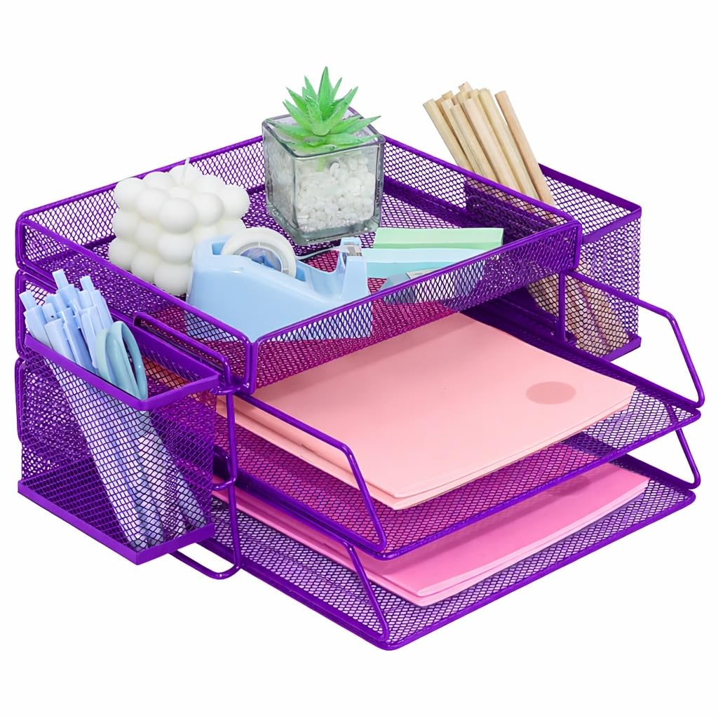 ideallife Letter Trays Stackable with Top Stationery Holder, 2-Tier Metal Desk Organizer Tray, Paper Filing Tray for Office Supplies - Purple