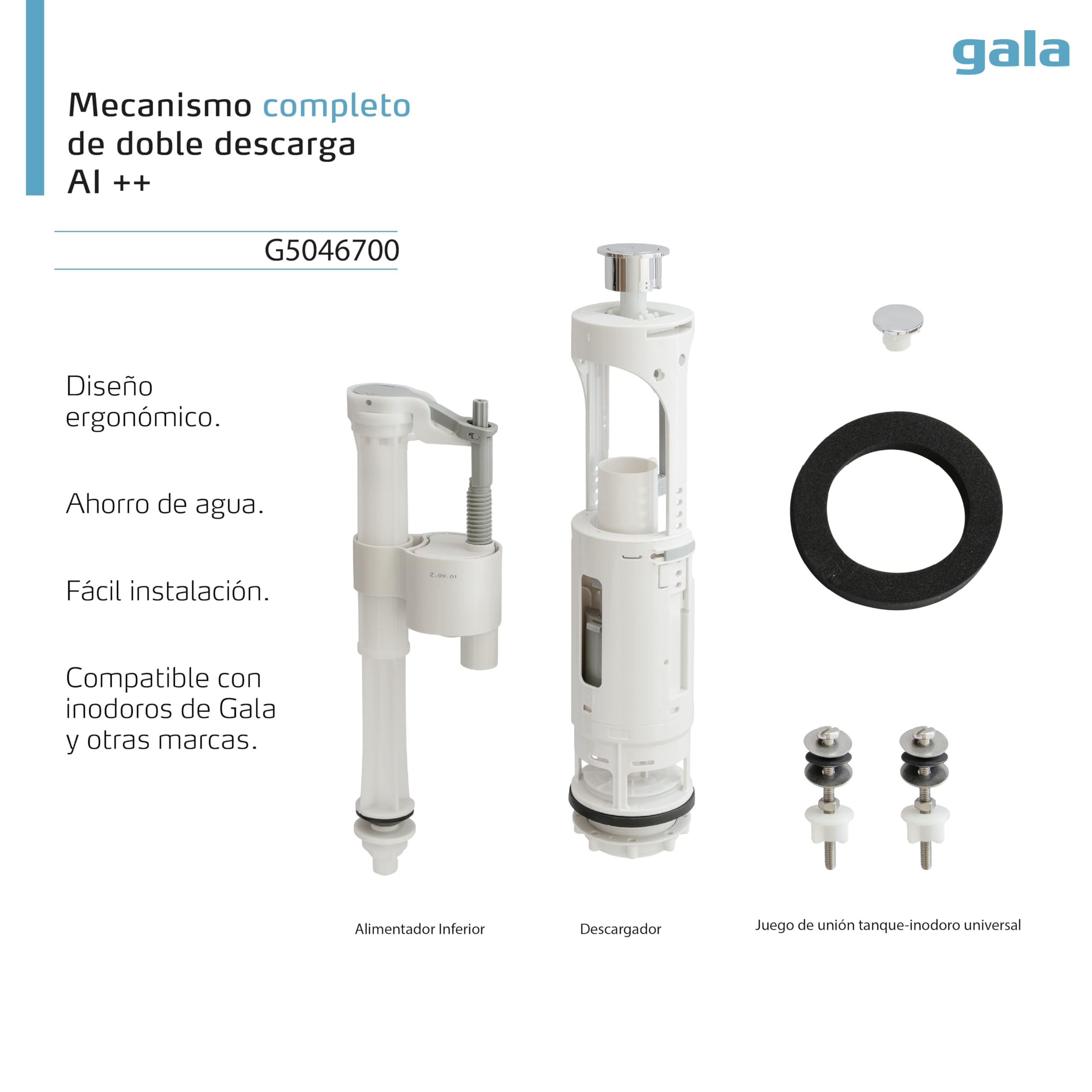 Gala Mecanismo G5046700– Mecanismo completo de doble descarga Alimentación inferior++. Compatible con cisternas Gala y de otras marcas. Fácil instalación