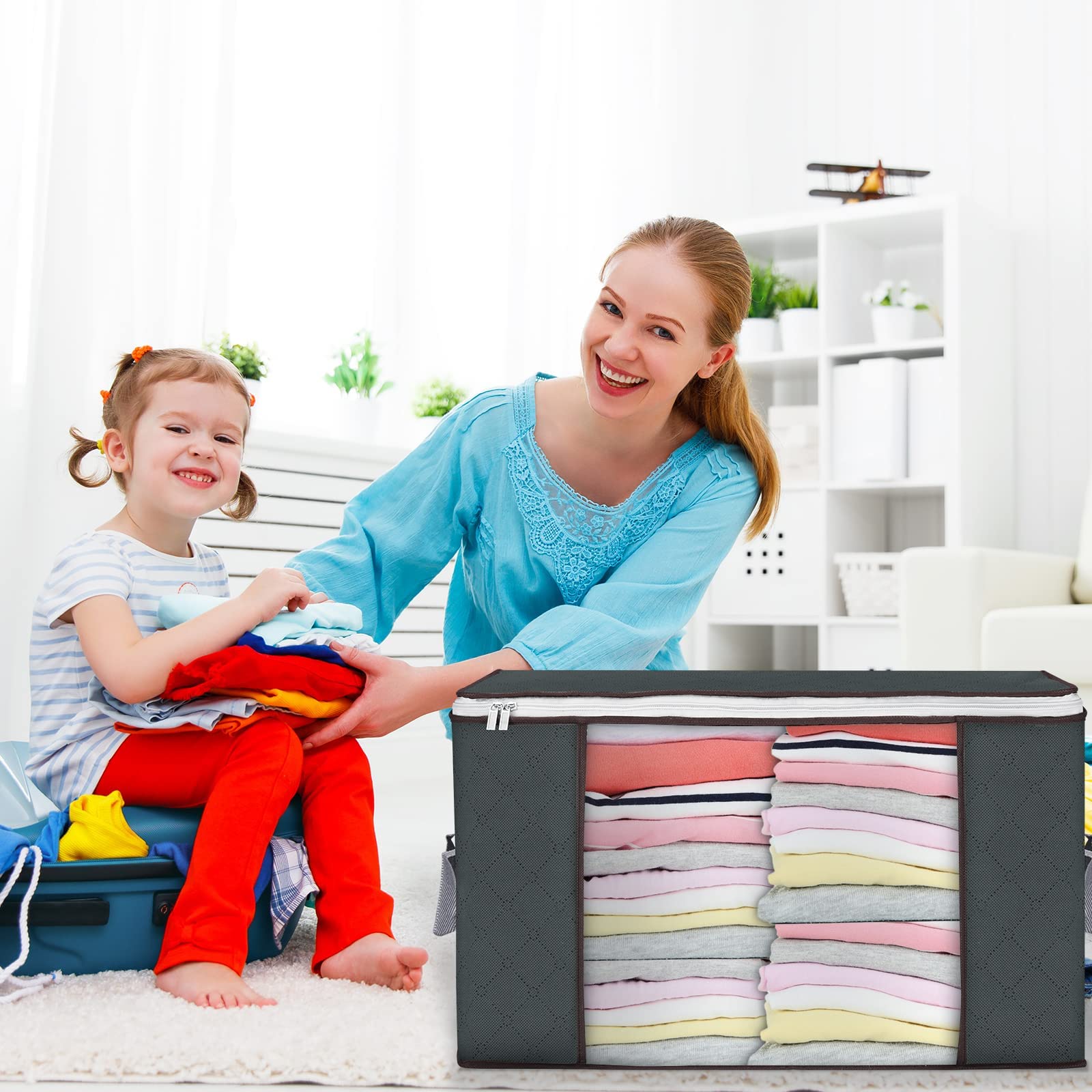 Large Storage Bags, 6 Pack Clothes Storage Bins Foldable Closet Organizers Storage Containers with Durable Handles Thick Fabric for Blanket Comforter Clothing Bedding 90L (Gray)