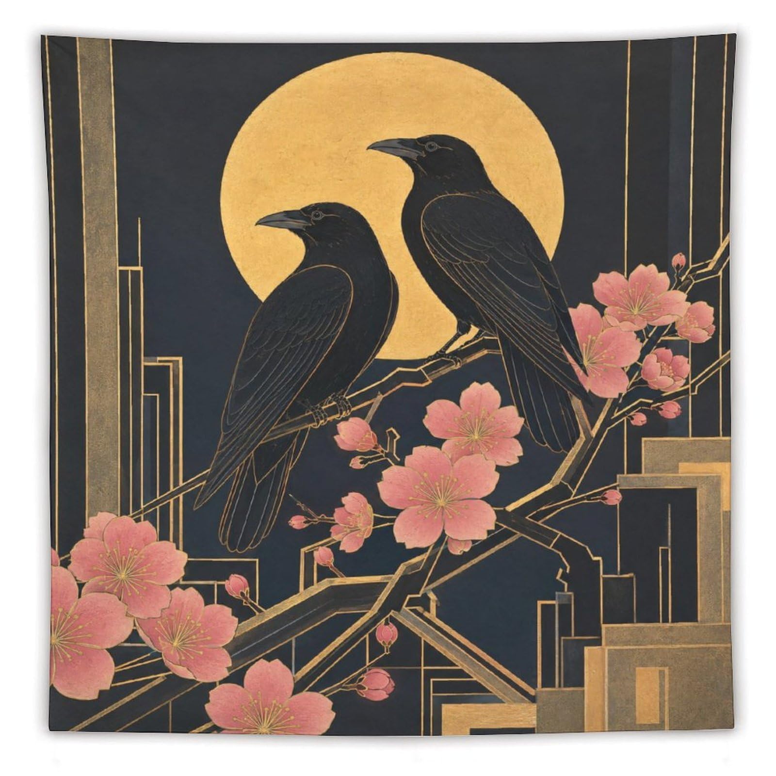 W7C8U2X3 Raven Pair under Golden Moon Wall Tapestry, Living Room