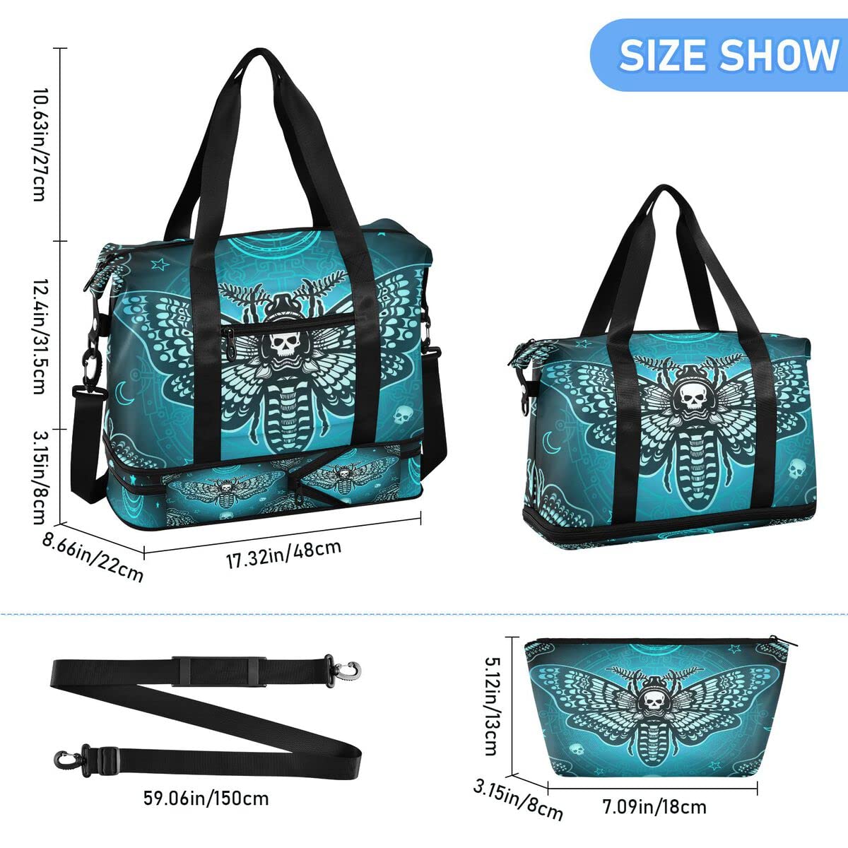 Travel Duffel Tote Bag Butterfly Skull Boho Sports Duffel Bag with Wet Pocket Weekender Overnight Bag for Women Men Gym Bag, Carry On Bag Hospital Bag for Labor and Delivery