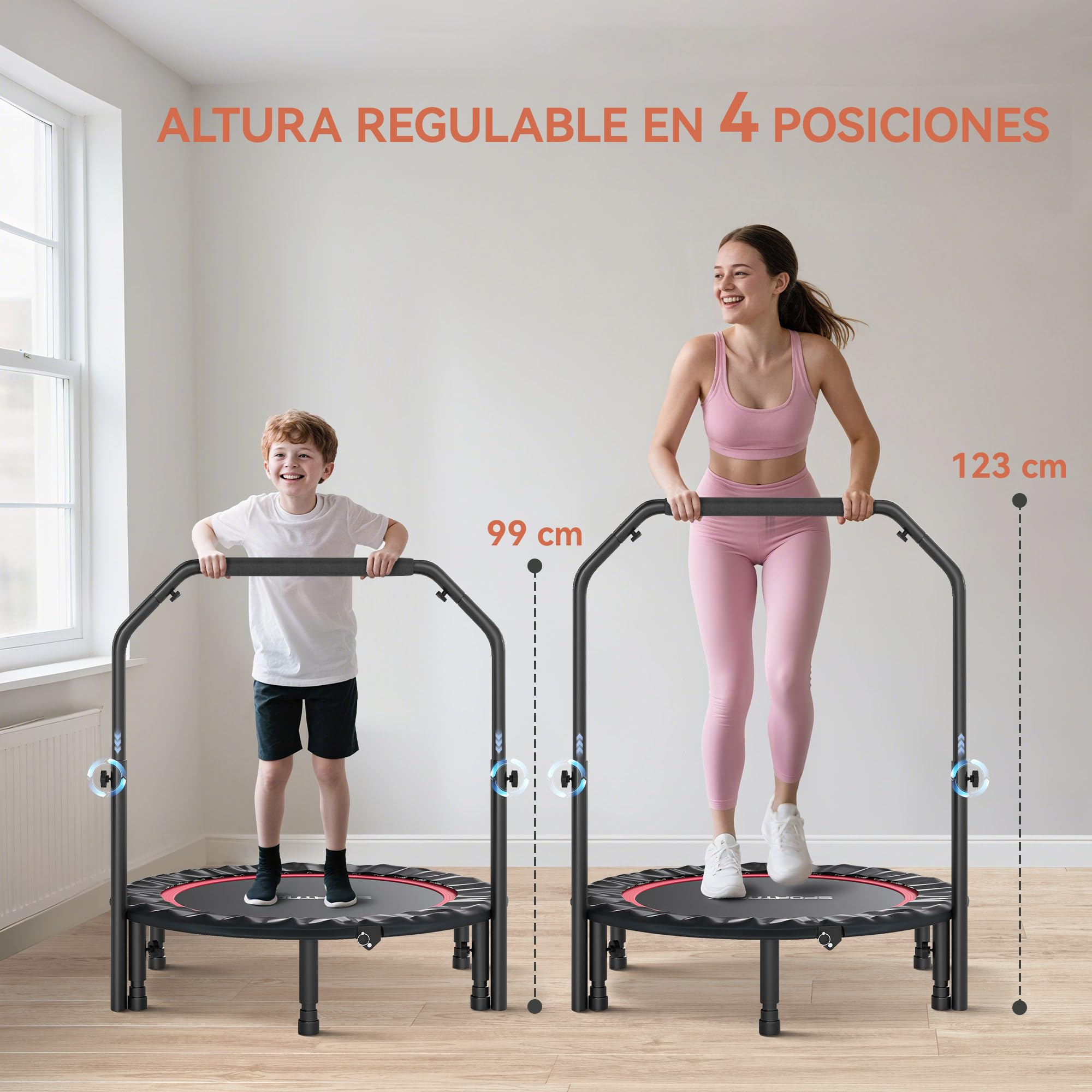 SPORTNOW Trampolín de Fitness Adultos Ø102 cm, Cama Elástica Plegable con Mango Ajustable de 4 Niveles y Bandas, para Entrenamiento Piernas Cuerpo en Hogar Oficina Gimnasio Exterior, Carga 150 kg