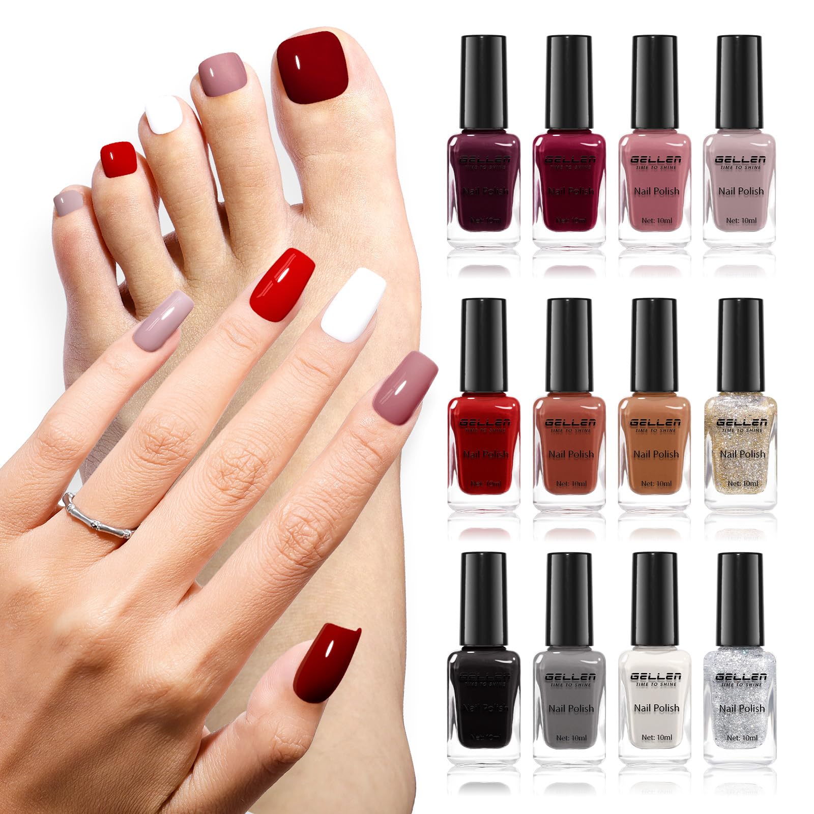 GELLEN 12-Color Nail Polish Set 10ml Fall Winter Trendy Air Dry Regular Nail Polish for Women Fingernail Toe