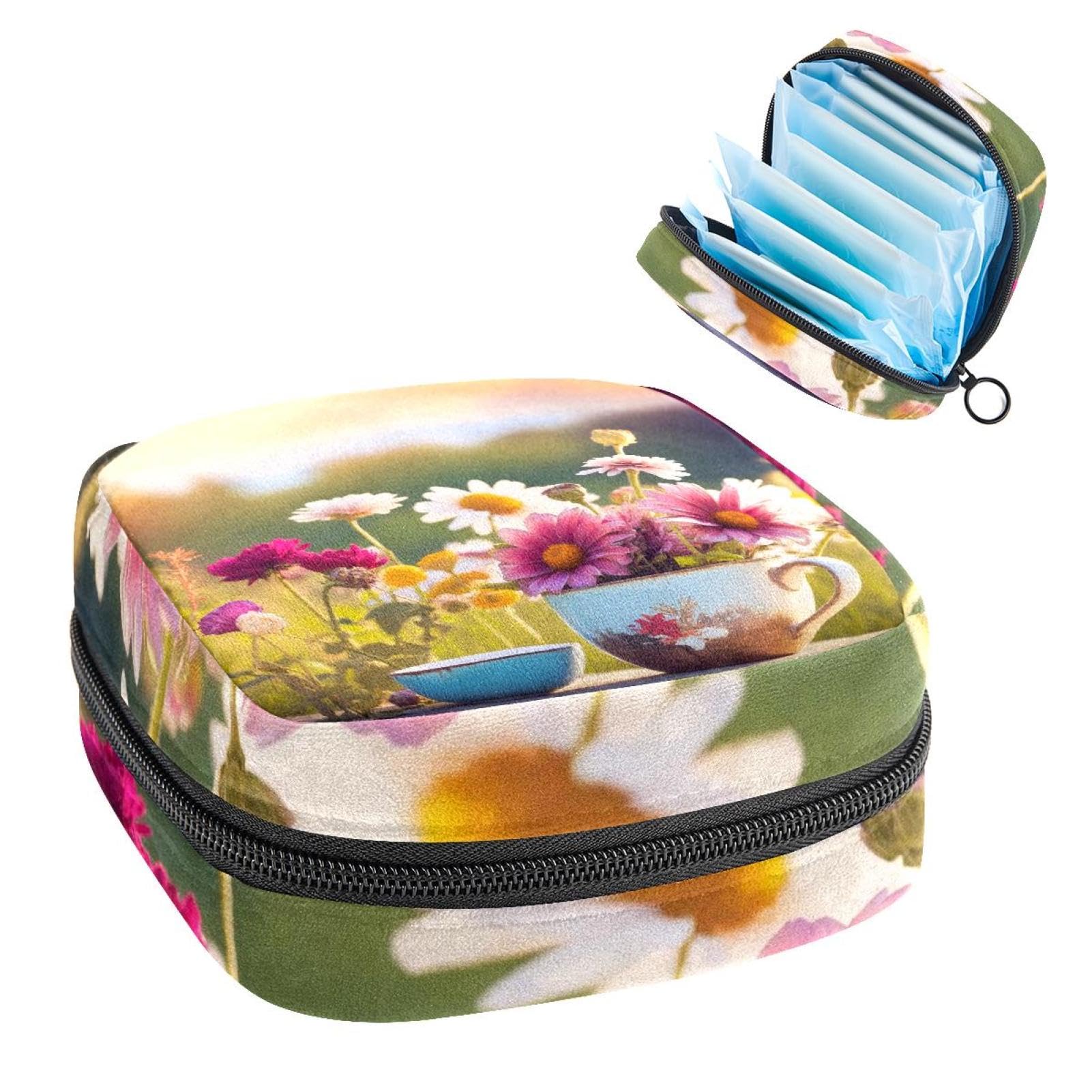 Sanitary Napkin Storage Bag for Feminine Pads, First Period Kit for Women, Outdoor Beautiful Flower in Cup Summer Portable Menstrual Period Sanitary Pouch