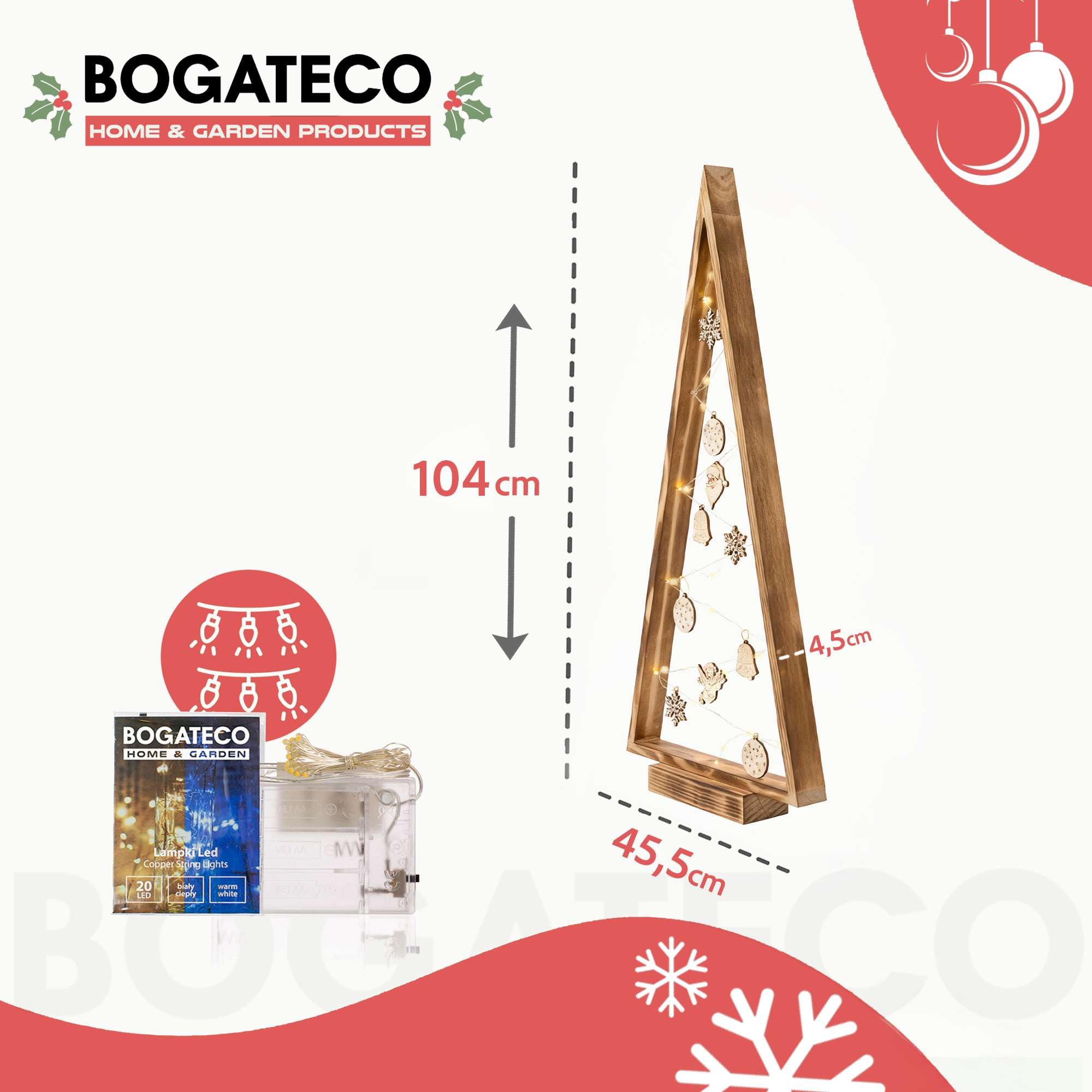 BOGATECO Árbol de Navidad de madera con iluminación LED de 104 cm de altura | Decoración de madera incluida | Decoraciones navideñas | 30 LED |