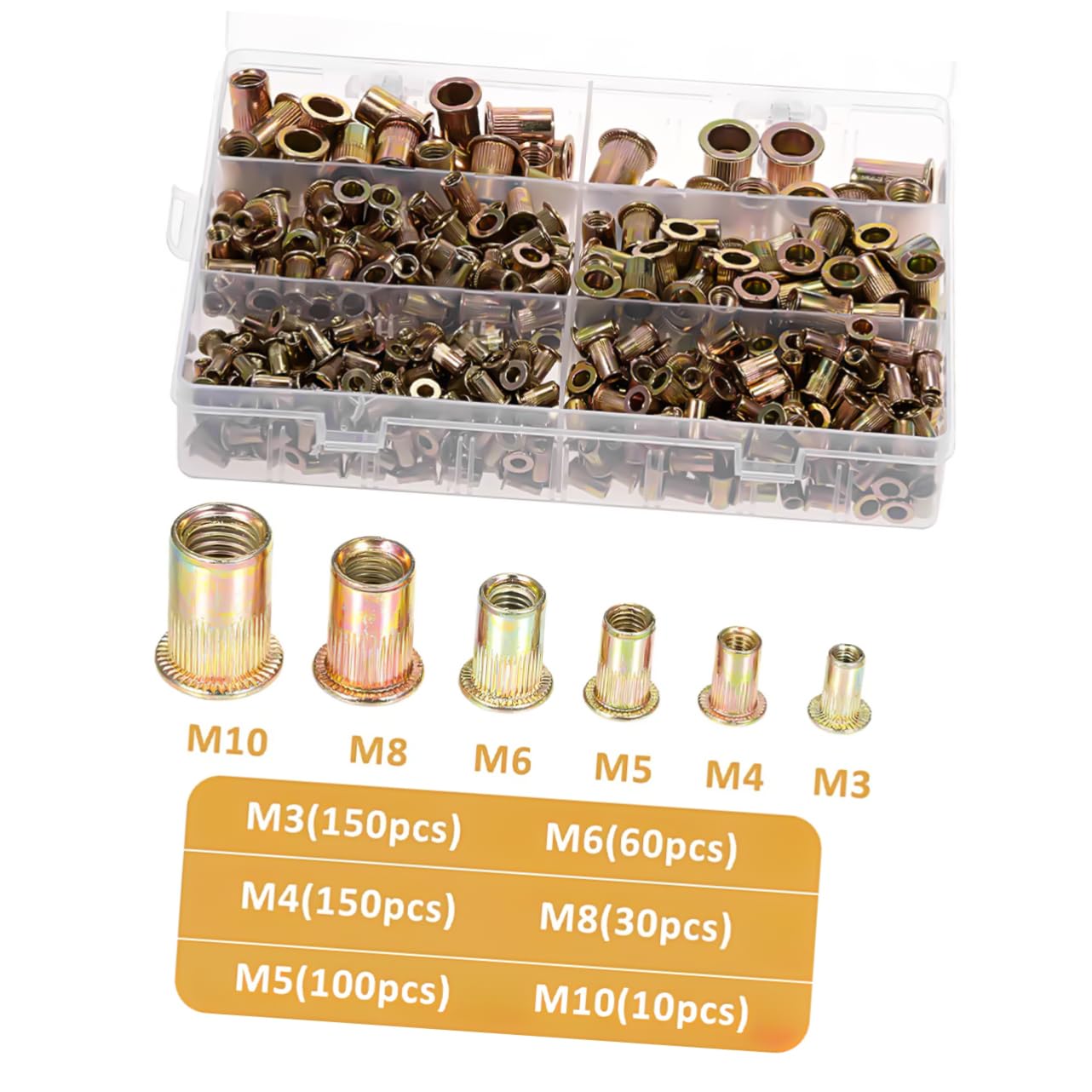 Cabilock 500 Pezzi Dado Per Rivetti a Pressione in Acciaio Al Carbonio Kit Di Dadi Per Rivetti Inserti Di Dado Rivetti Filettati Rivettare i Dadi Golden Acciaio Al Carbonio Zincato