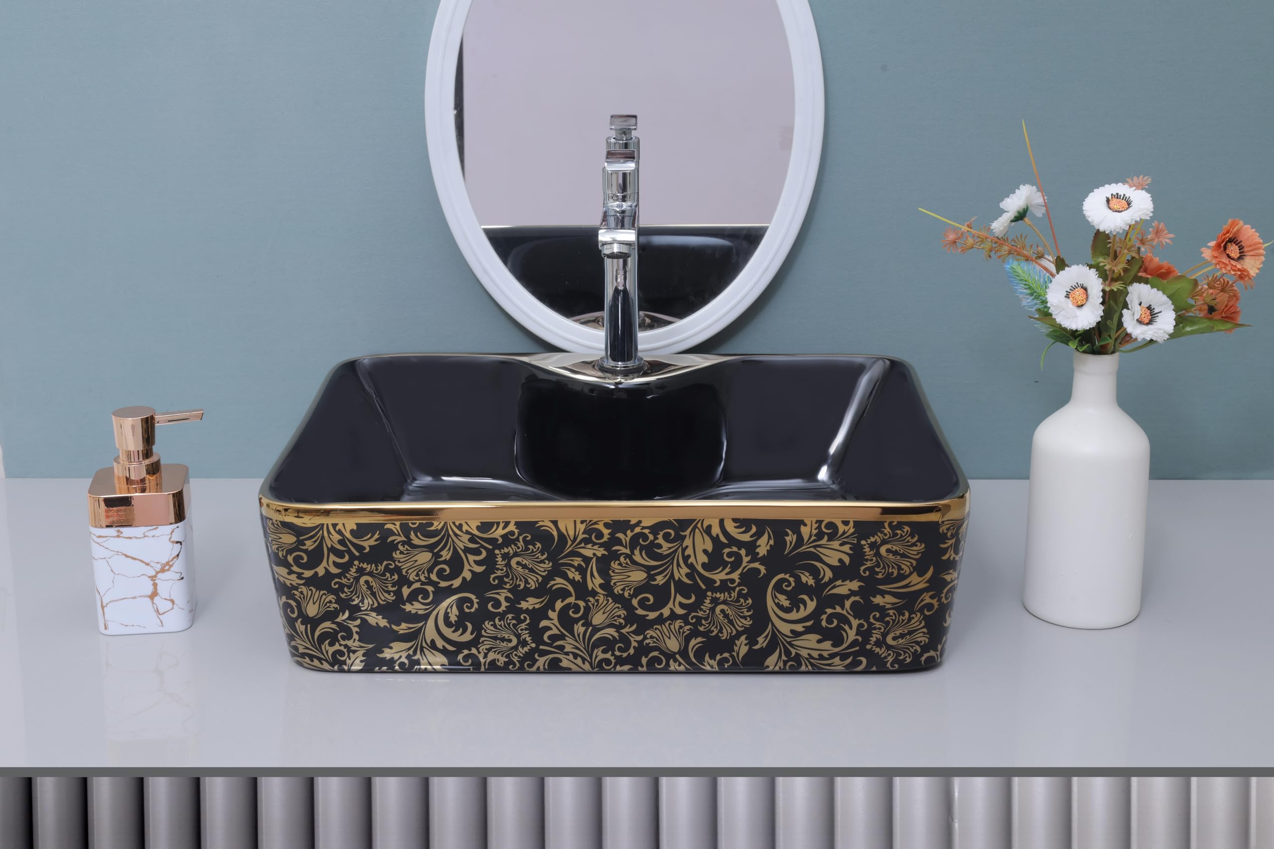 HISRE Ceramic Table Top Wash Basin (19x 14 x 5 IN), Luxrious Rectangle Over the Counter Glossy Wash Basin, European Style Designer Countertop Vessel Sink for Bathroom & Living Room (Black Gold), photo 1 of 4